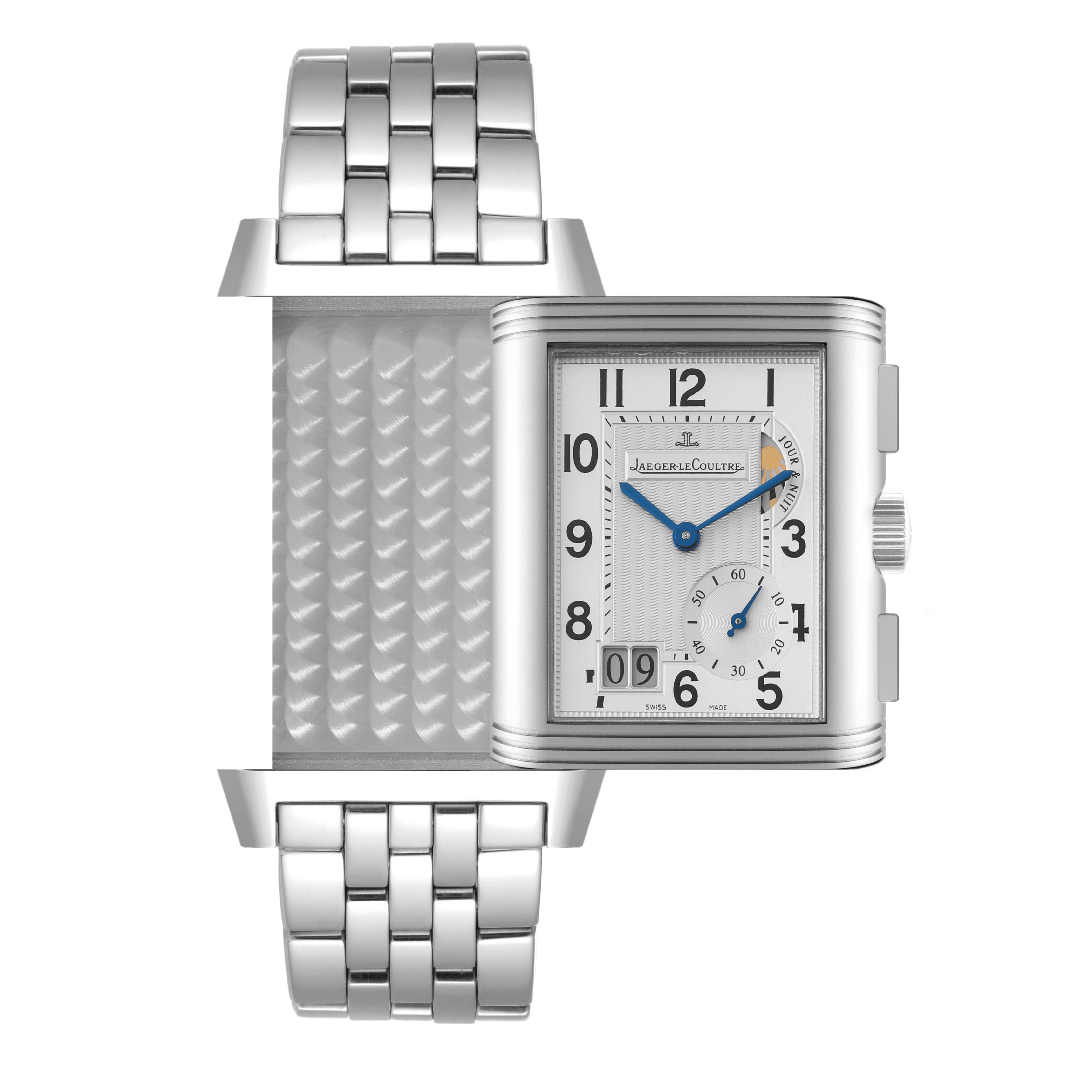 The image shows the face and reverse case of a Jaeger-LeCoultre Reverso watch with a stainless steel bracelet.