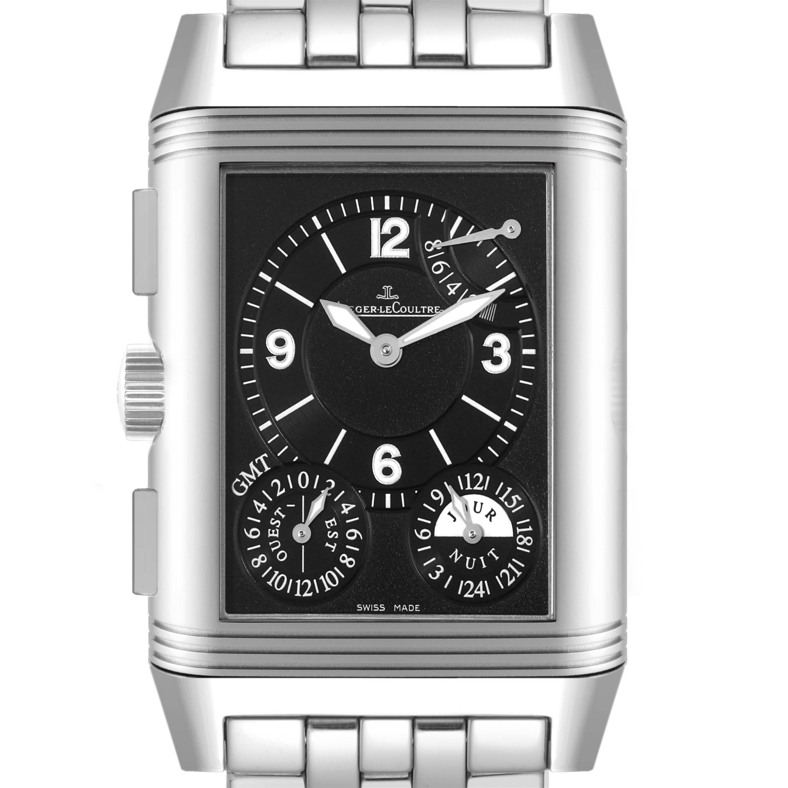 This image shows a front view of the Reverso model by Jaeger-LeCoultre, highlighting the watch face, dial, hands, and stainless steel bracelet.