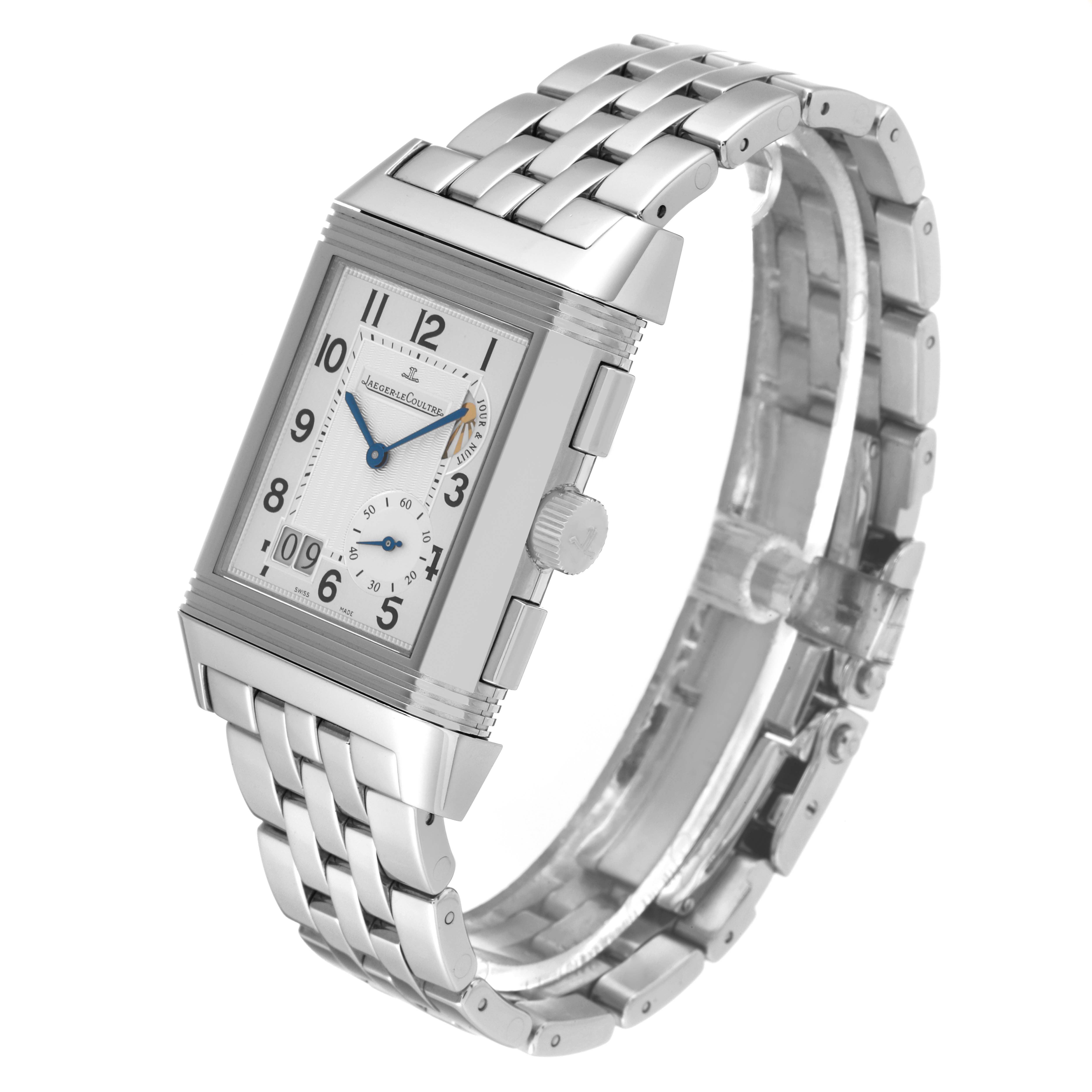 The image shows a Jaeger LeCoultre Reverso Q3028120 Men's Stainless Steel Silver Dial Q3028120 Men's Stainless Steel Silver Dial watch at a three-quarter angle, displaying its face, crown, and metal bracelet.