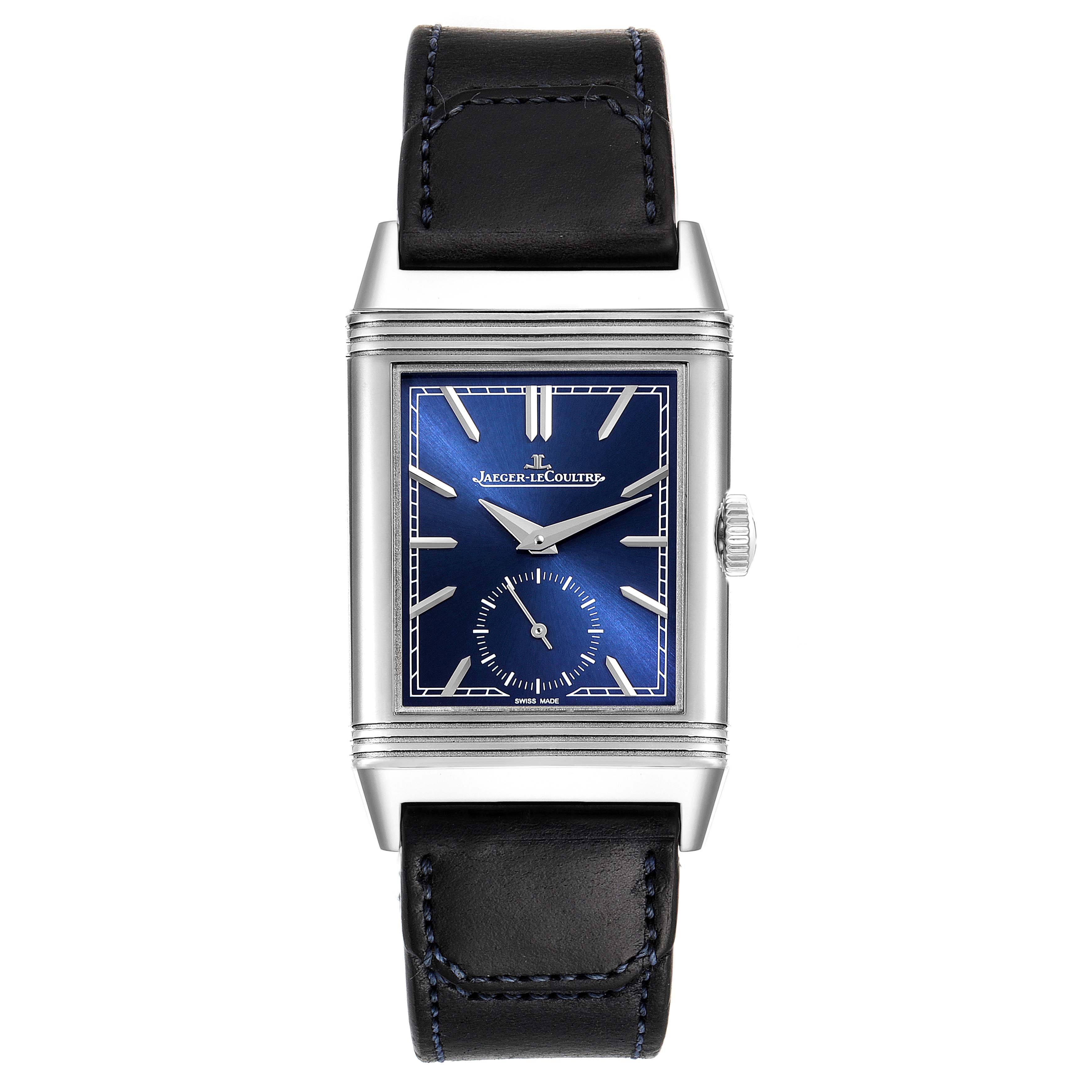 The image shows a front view of the Jaeger LeCoultre Reverso Q3978480 Men
s Stainless Steel Blue Dial Q3978480 Men
s Stainless Steel Blue Dial model watch, featuring a blue dial and a black leather strap.