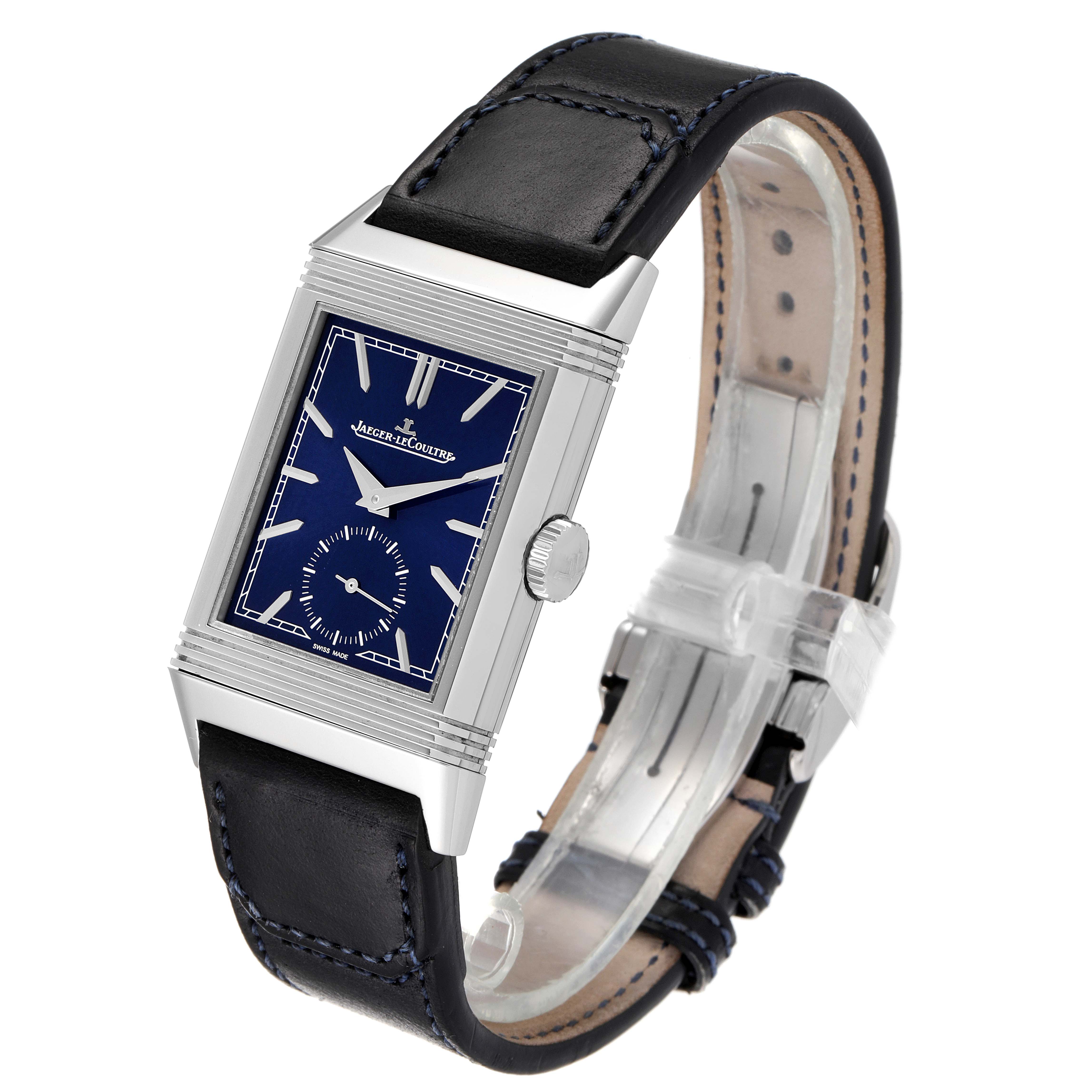 The image shows a Jaeger-LeCoultre Reverso watch front view, highlighting the dial, case, crown, and leather strap.