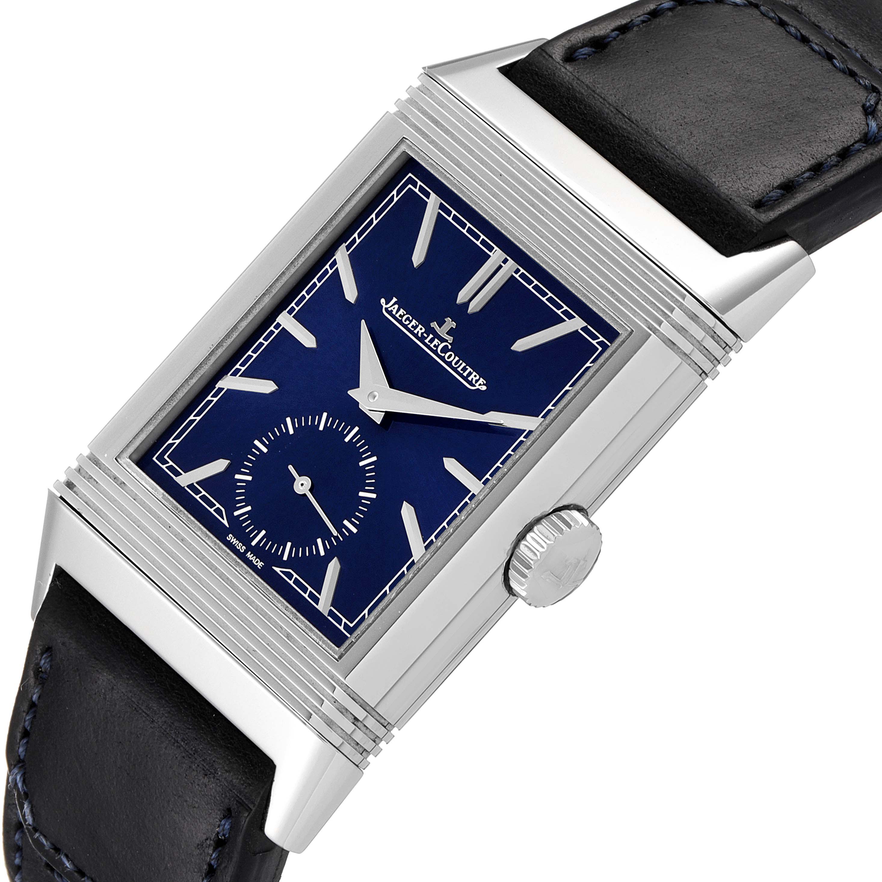 The image shows a Jaeger-LeCoultre Reverso watch angled to display the dial, crown, and upper portion of the strap.