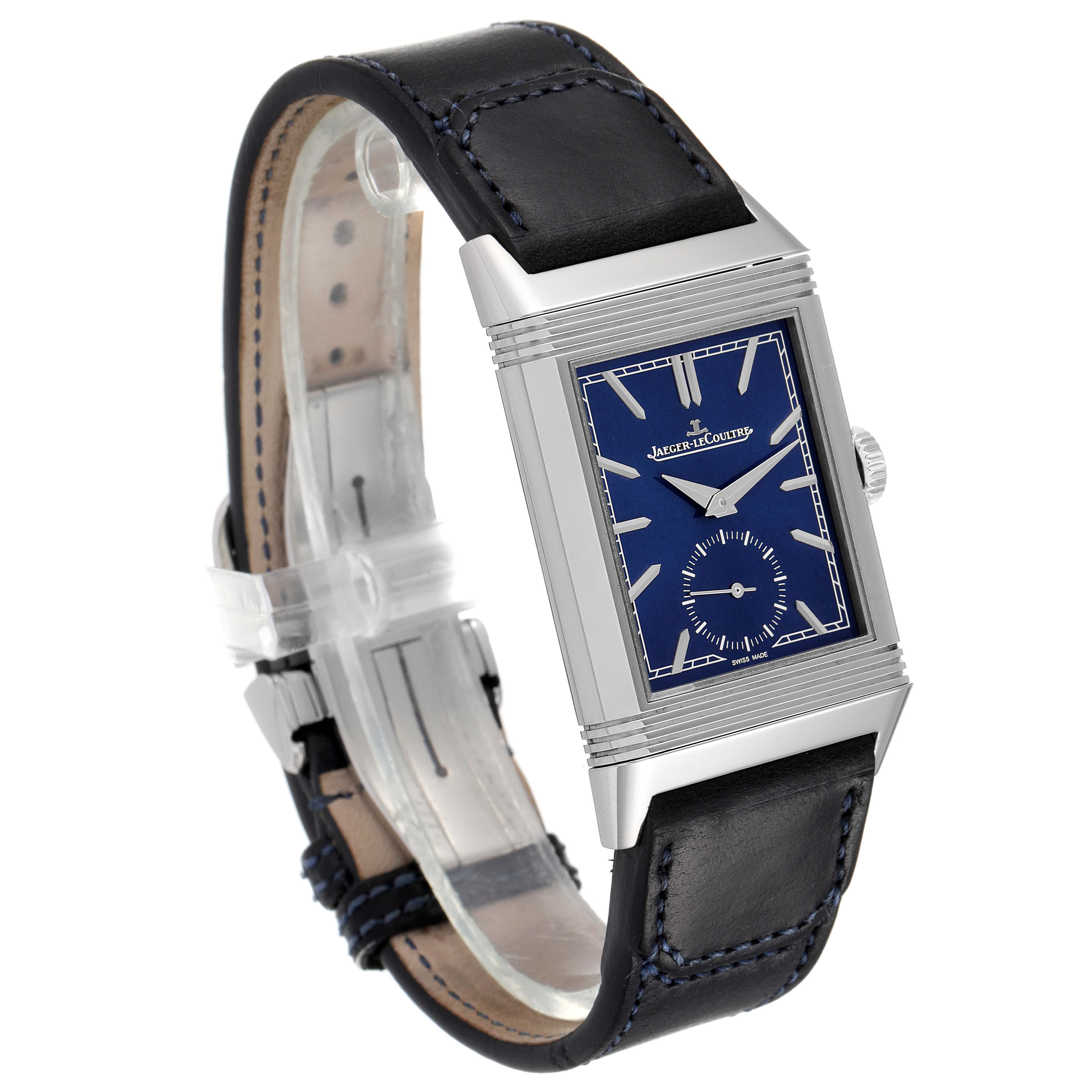 The Jaeger LeCoultre Reverso Q3978480 Men
s Stainless Steel Blue Dial Q3978480 Men
s Stainless Steel Blue Dial watch is shown at an angled side view, displaying its rectangular dial, crown, and leather strap.