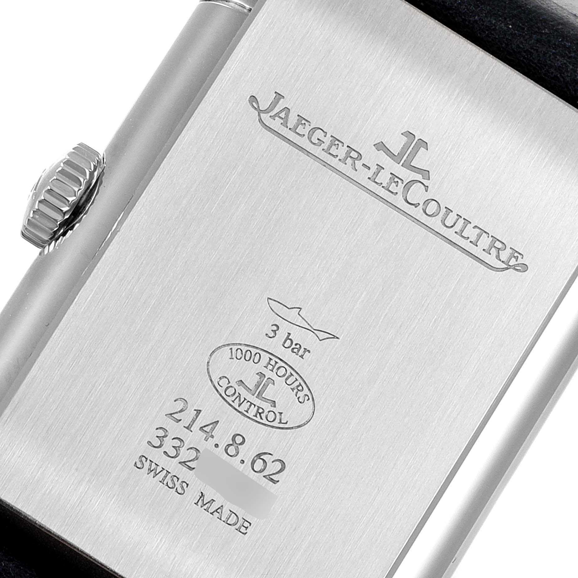 This image shows the back case and crown of a Jaeger-LeCoultre Reverso watch.