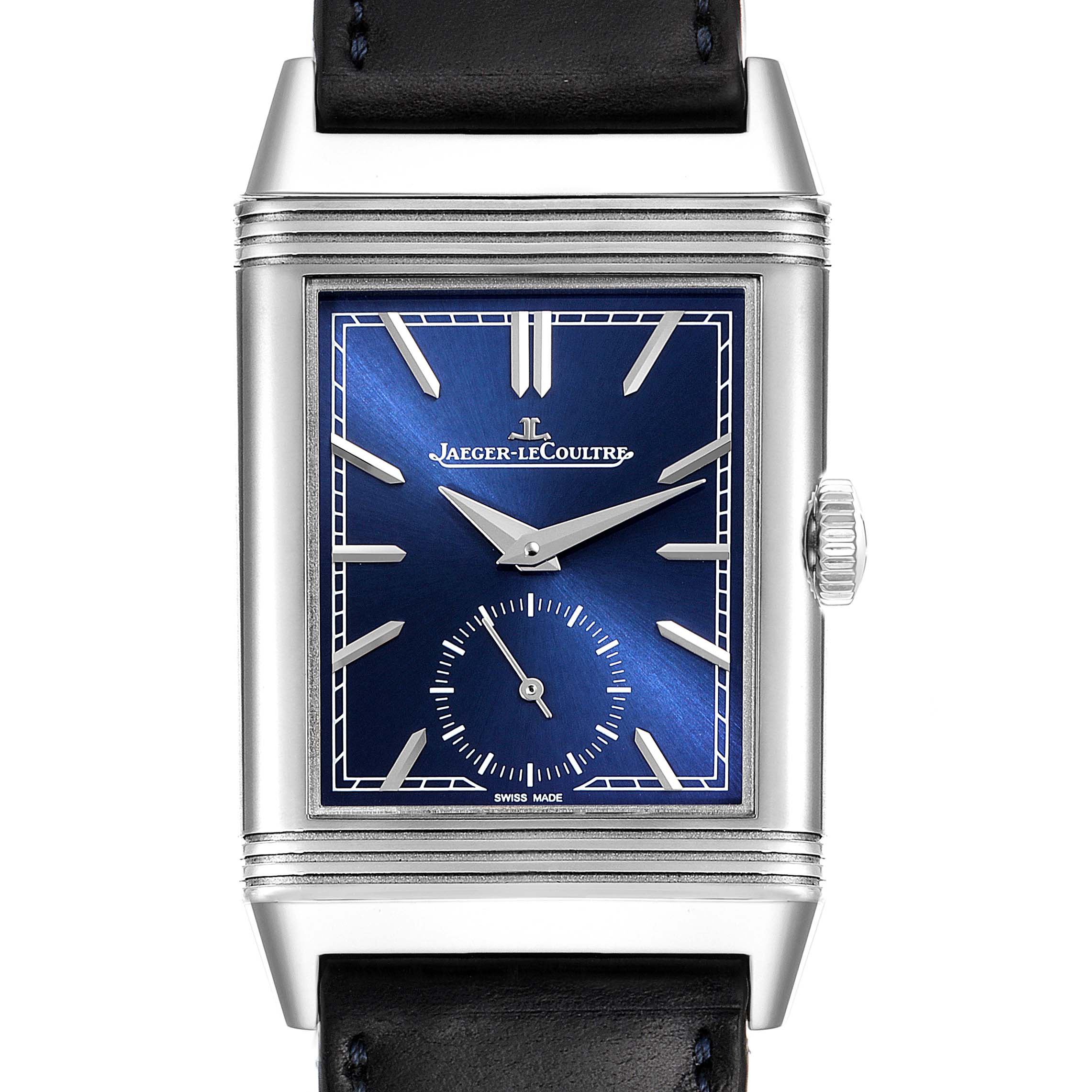 The image shows the front face of a Jaeger-LeCoultre Reverso watch, featuring its dial, hands, and crown.