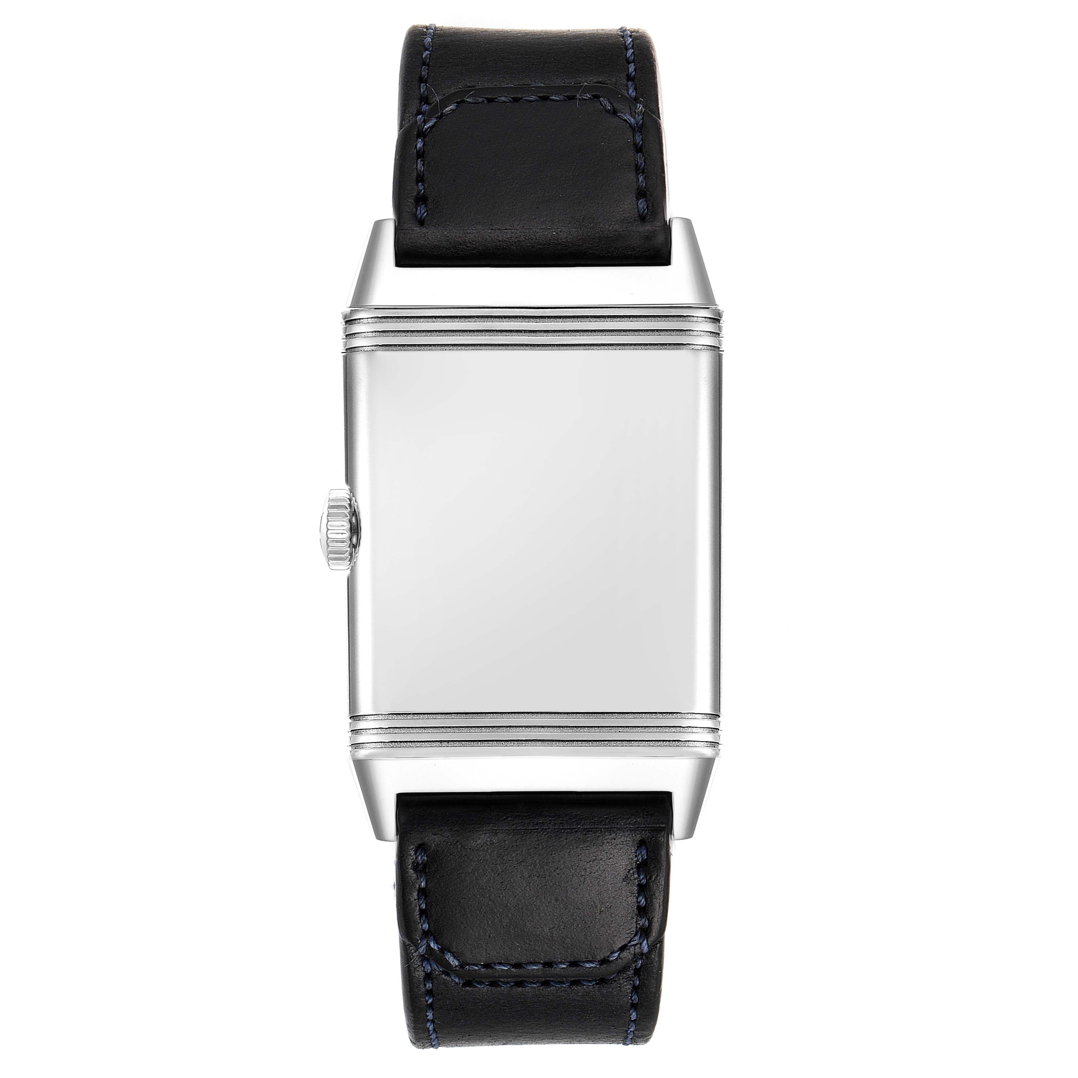 This image shows a frontal view of the Reverso model by Jaeger-LeCoultre, featuring its rectangular case and leather strap.