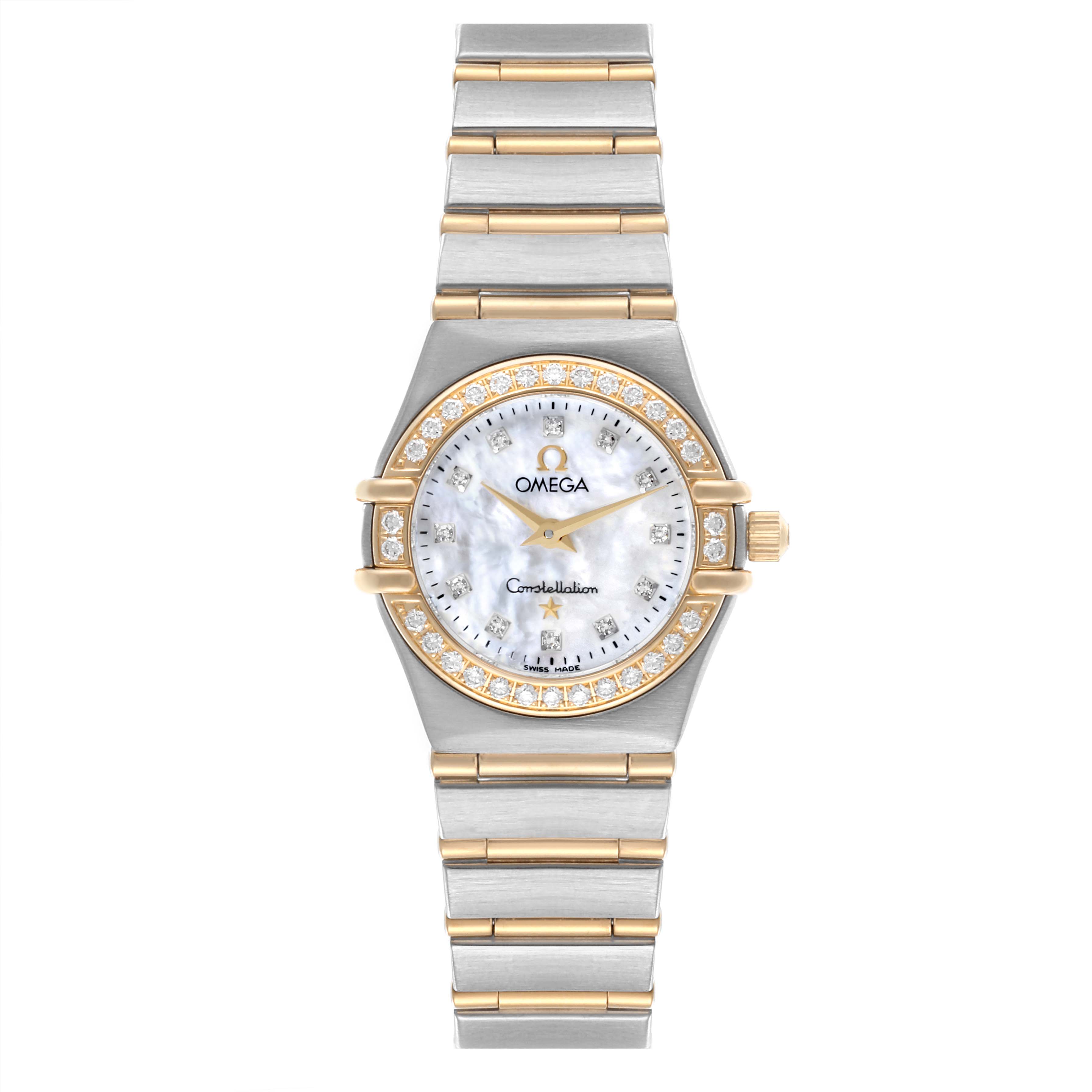 The Omega 1267.75.00 Women's Steel and Gold (two tone) Mother of Pearl Dial 1267.75.00 Women's Steel and Gold (two tone) Mother of Pearl Dial Constellation 95 watch is shown from a top view, displaying the dial, bezel, bracelet, and crown.
