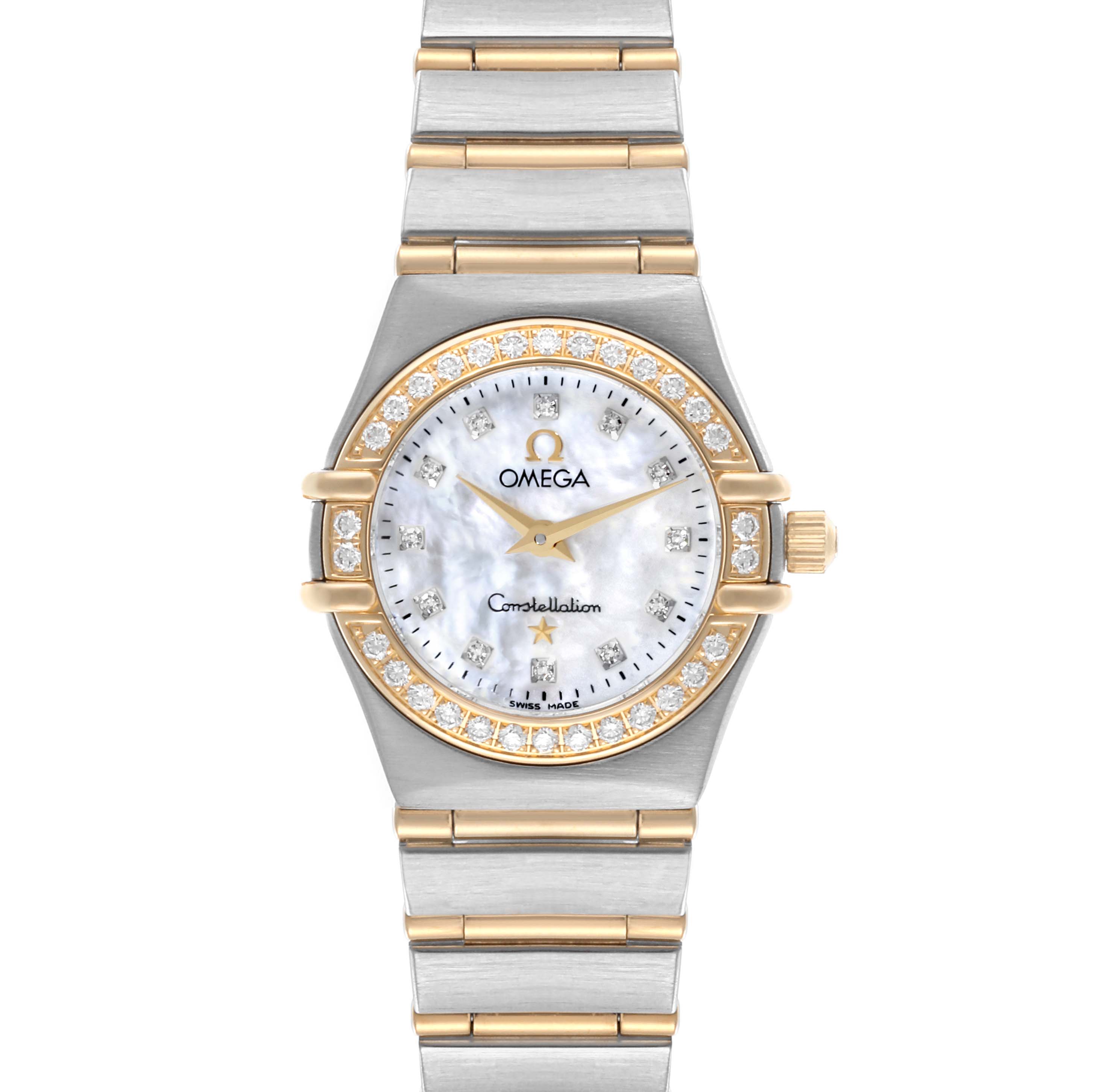 The watch is shown from a top-down angle, featuring the Omega 1267.75.00 Women's Steel and Gold (two tone) Mother of Pearl Dial 1267.75.00 Women's Steel and Gold (two tone) Mother of Pearl Dial Constellation 95's face, bezel, and bracelet.