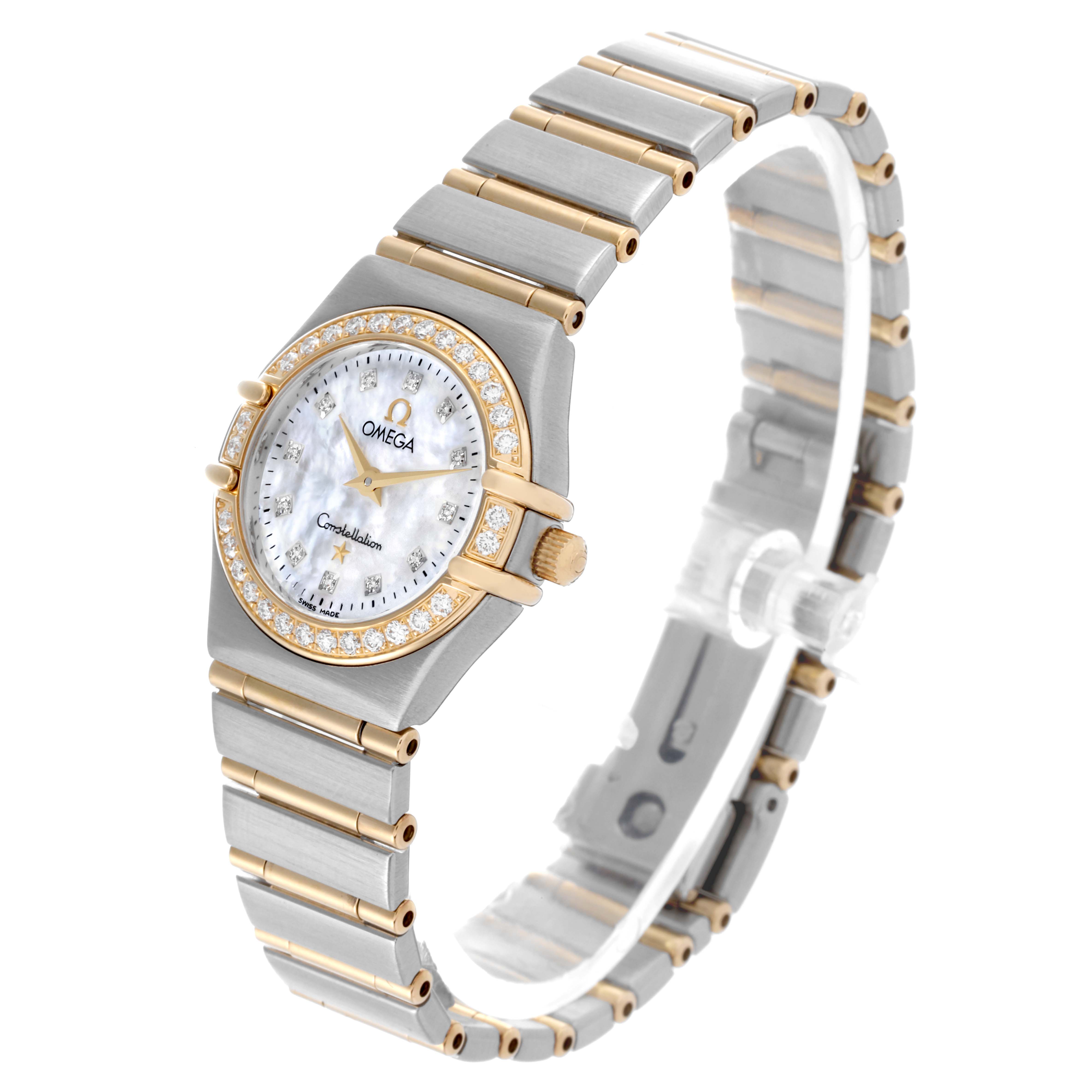The Omega 1267.75.00 Women's Steel and Gold (two tone) Mother of Pearl Dial 1267.75.00 Women's Steel and Gold (two tone) Mother of Pearl Dial Constellation 95 watch is shown from a three-quarter angle, highlighting the face, bezel, and bracelet.