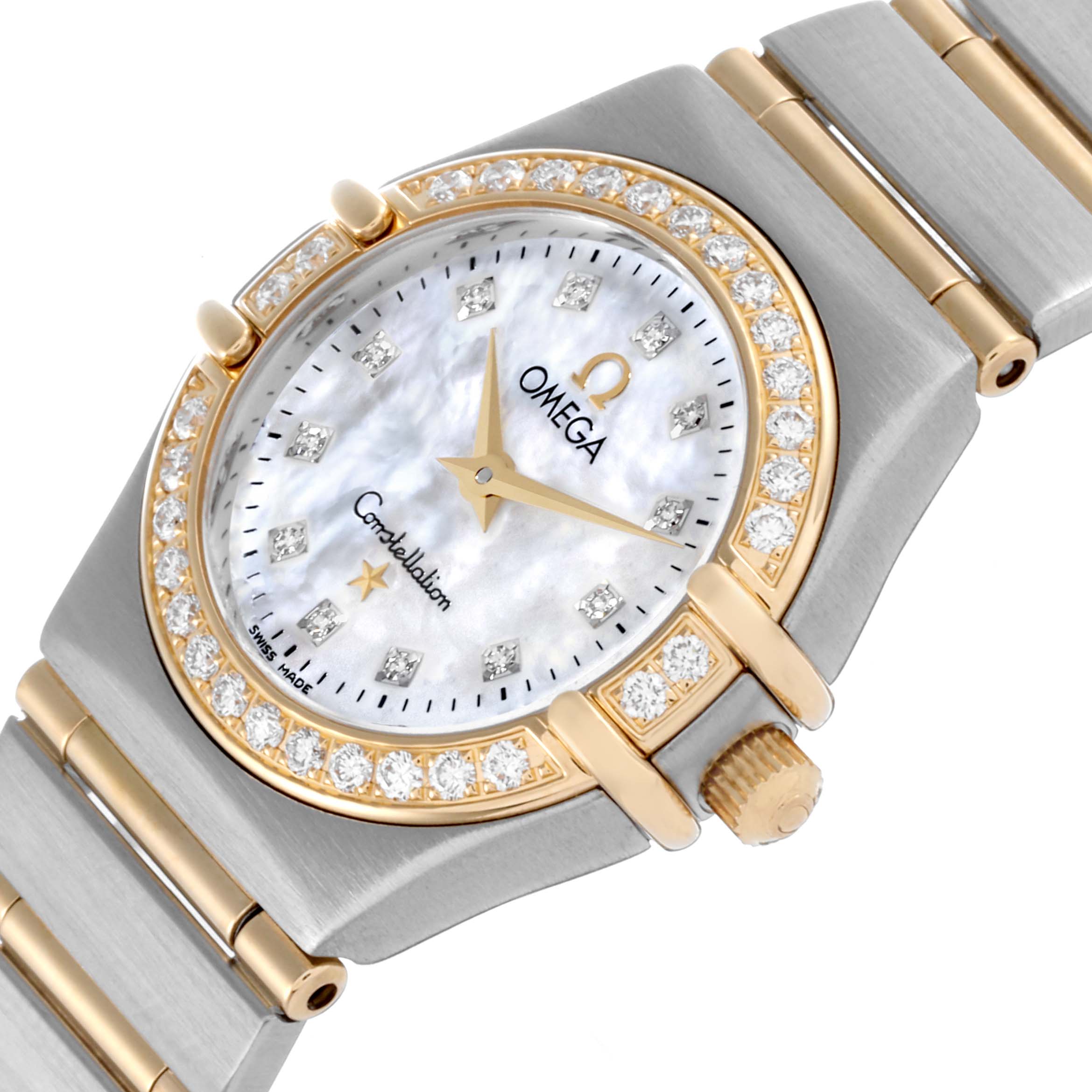 The Omega 1267.75.00 Women's Steel and Gold (two tone) Mother of Pearl Dial 1267.75.00 Women's Steel and Gold (two tone) Mother of Pearl Dial Constellation 95 watch is shown at an angled close-up, highlighting the dial, bezel, and two-tone bracelet.
