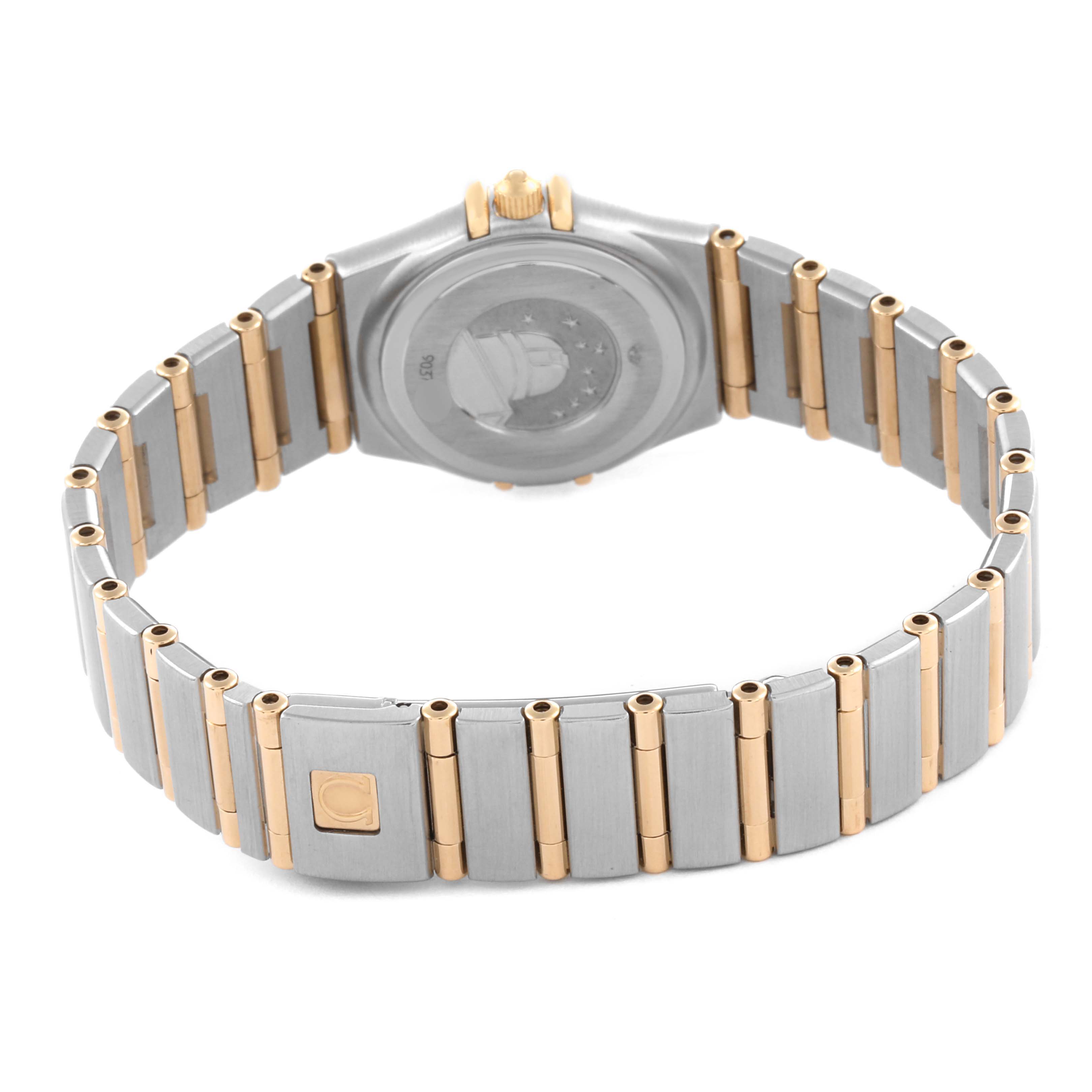 The Omega 1267.75.00 Women's Steel and Gold (two tone) Mother of Pearl Dial 1267.75.00 Women's Steel and Gold (two tone) Mother of Pearl Dial Constellation 95 model 1267.75.00 is shown from the back, highlighting the bracelet and clasp details.