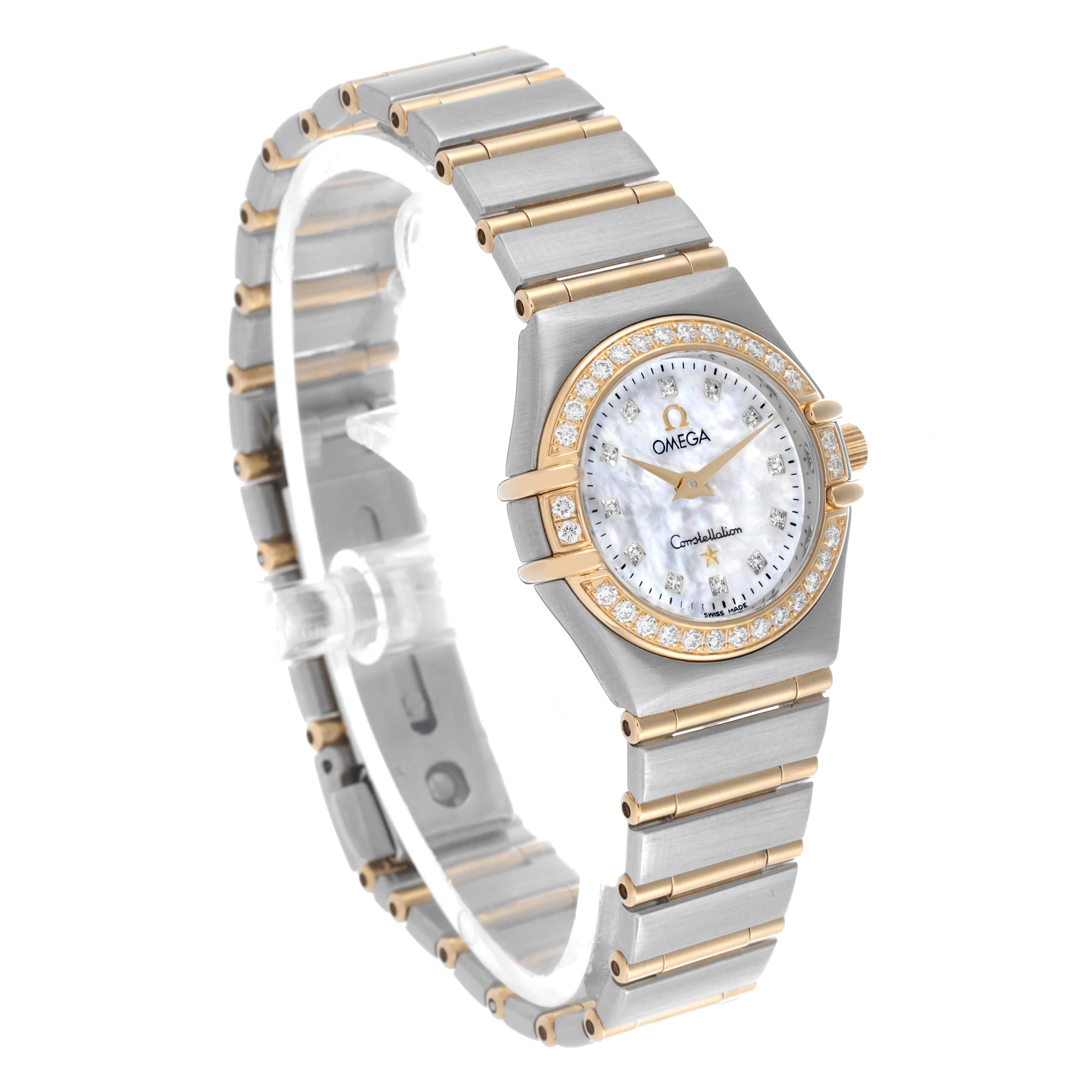 The Omega 1267.75.00 Women's Steel and Gold (two tone) Mother of Pearl Dial 1267.75.00 Women's Steel and Gold (two tone) Mother of Pearl Dial Constellation 95 is shown at a three-quarter angle, highlighting the dial, bezel, case, and bracelet.