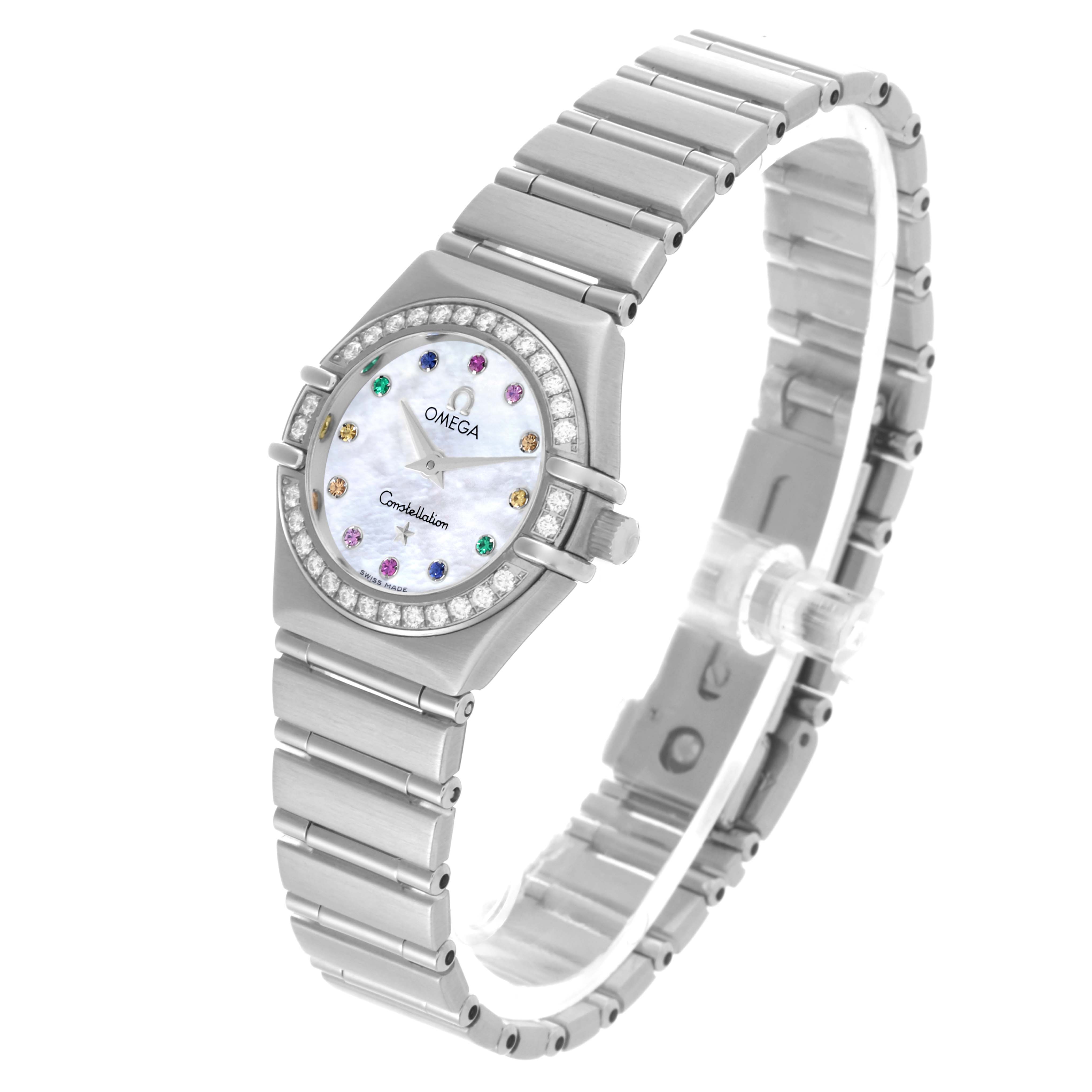 The Omega 1460.79.00 Women's Stainless Steel Mother of Pearl Dial 1460.79.00 Women's Stainless Steel Mother of Pearl Dial Constellation Iris Steel Multi Stone 1460.79.00 is shown at a front-left angle, displaying the dial and bracelet clearly.