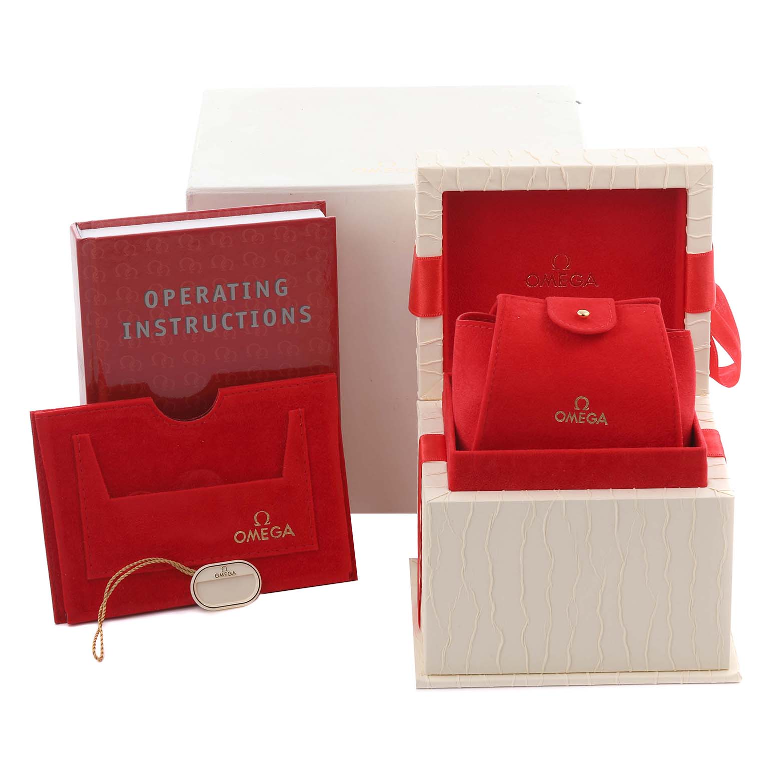 The Omega 1460.79.00 Women's Stainless Steel Mother of Pearl Dial 1460.79.00 Women's Stainless Steel Mother of Pearl Dial Constellation Iris Steel watch model 1460.79.00 is shown packaged with accessories, including a red box and manual.