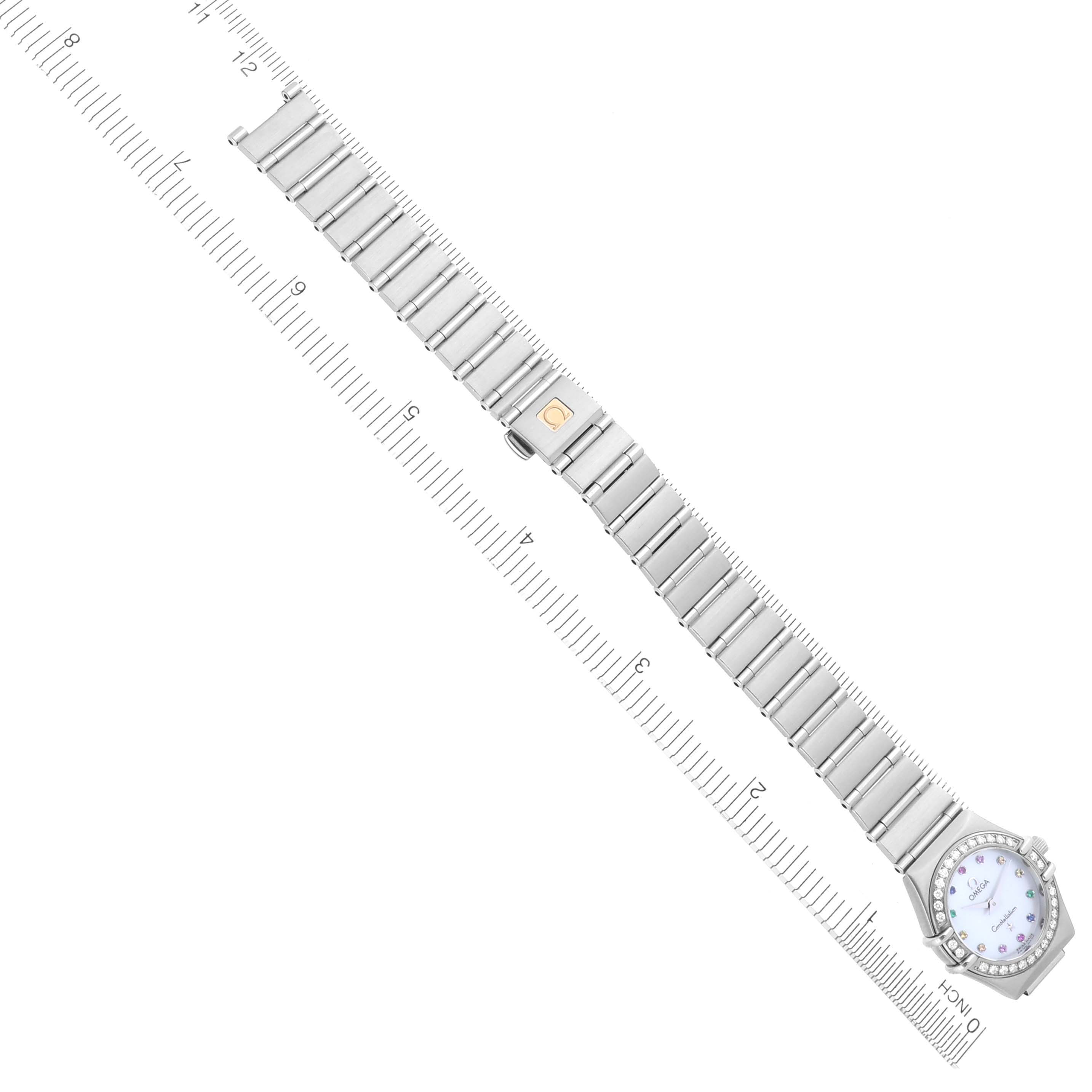 The Omega 1460.79.00 Women's Stainless Steel Mother of Pearl Dial 1460.79.00 Women's Stainless Steel Mother of Pearl Dial Constellation Iris watch model 1460.79.00 is shown flat, displaying the full bracelet and face along a measuring scale.