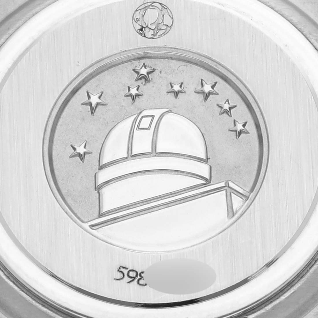 The image shows the back of the Omega 1460.79.00 Women's Stainless Steel Mother of Pearl Dial 1460.79.00 Women's Stainless Steel Mother of Pearl Dial Constellation Iris model 1460.79.00 with an observatory engraving.