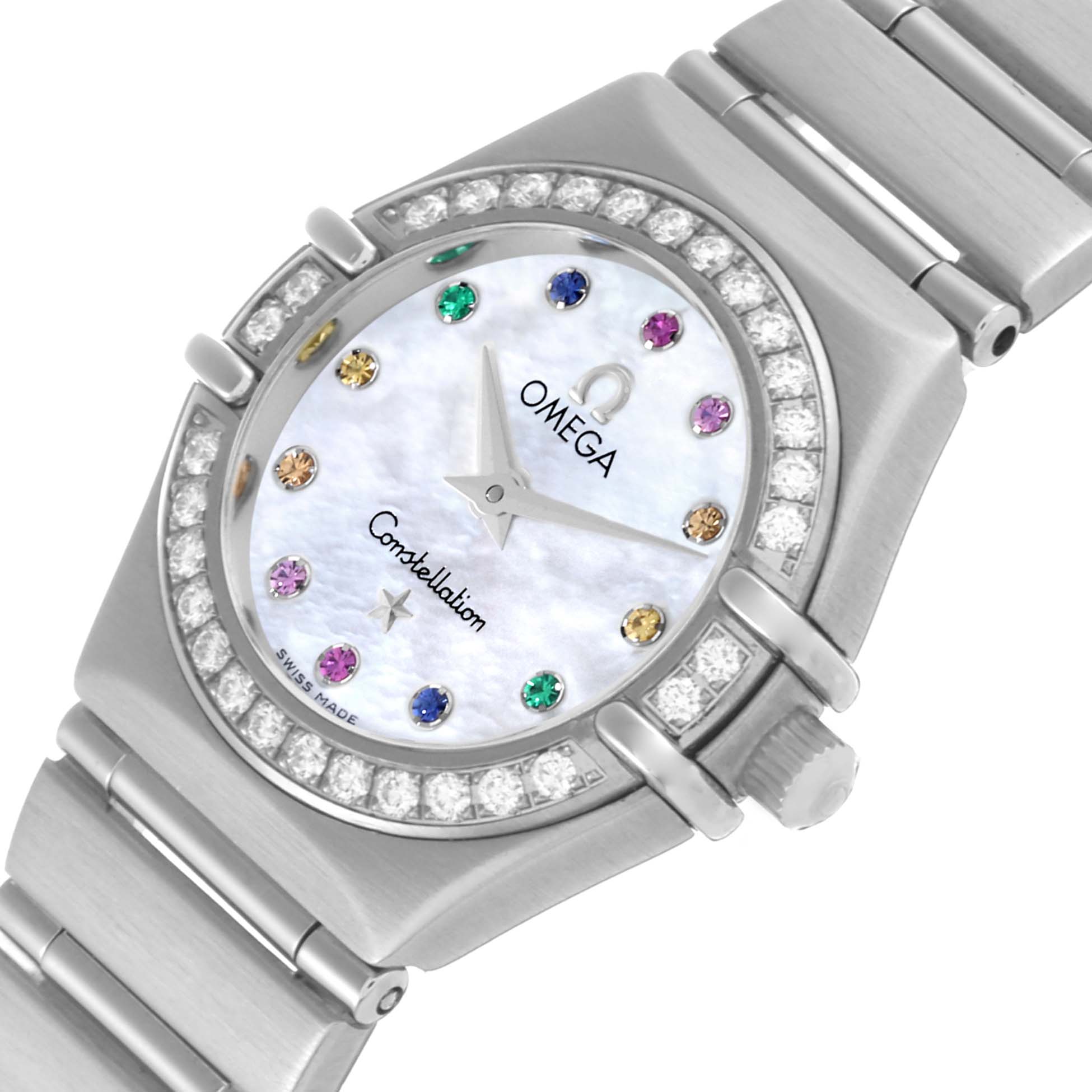 The Omega 1460.79.00 Women's Stainless Steel Mother of Pearl Dial 1460.79.00 Women's Stainless Steel Mother of Pearl Dial Constellation Iris watch is shown at an angle highlighting the face, bezel, and partial bracelet.