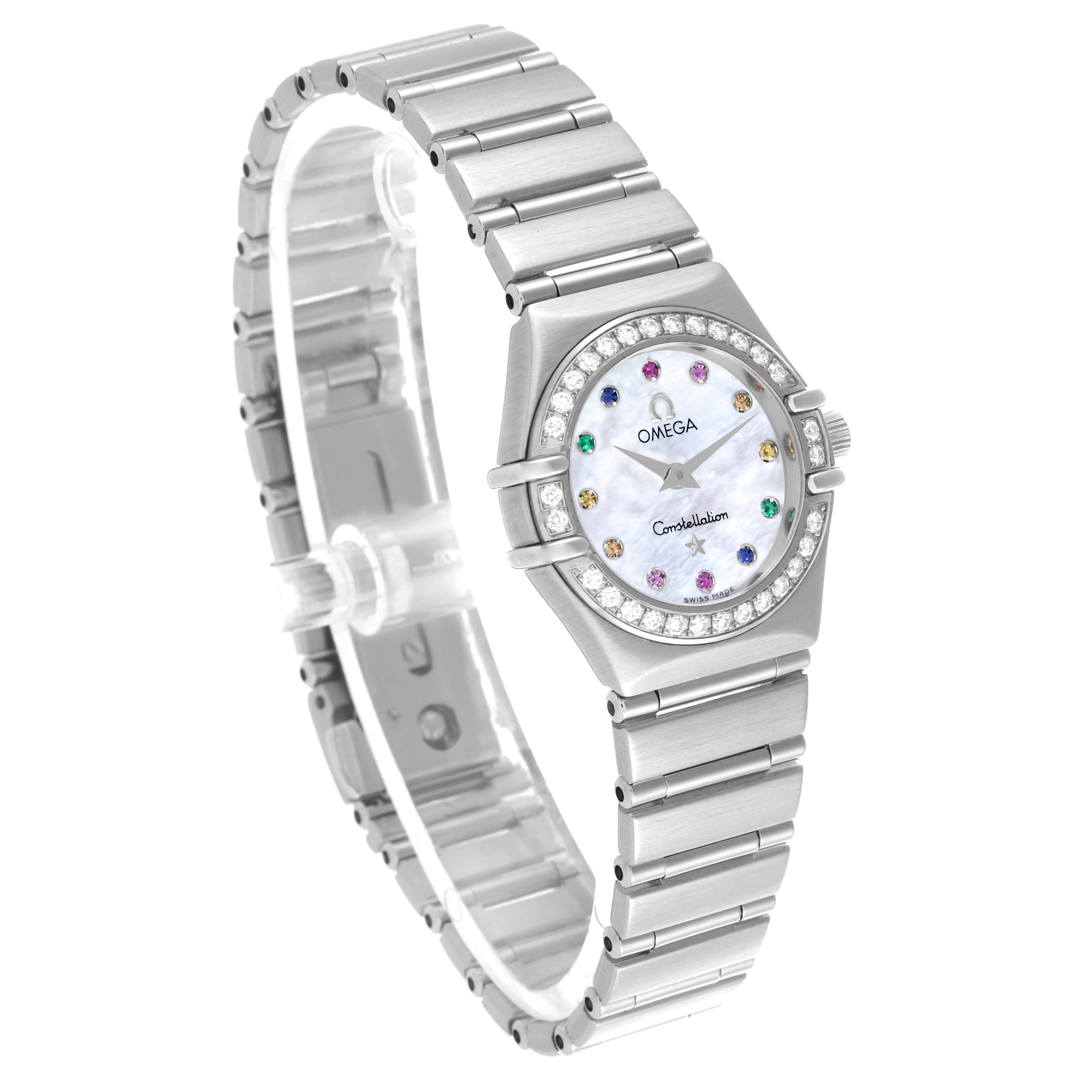 The Omega 1460.79.00 Women's Stainless Steel Mother of Pearl Dial 1460.79.00 Women's Stainless Steel Mother of Pearl Dial Constellation Iris model 1460.79.00 is shown from a three-quarter angle, highlighting its bracelet and jeweled bezel.