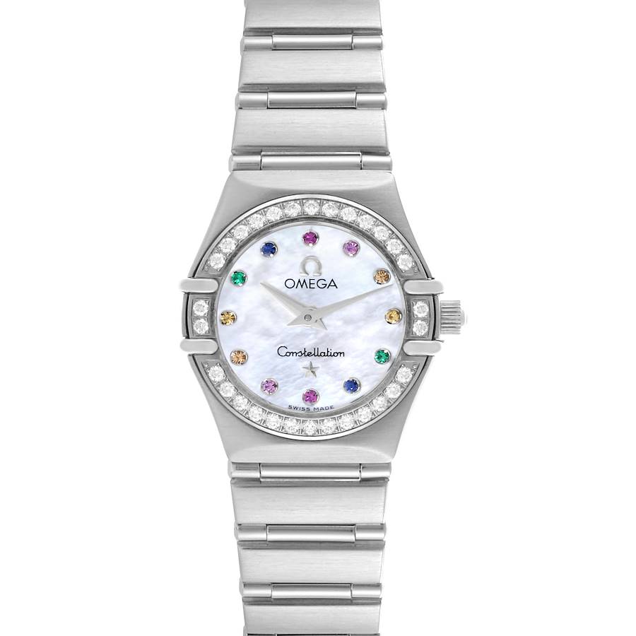 The Omega Constellation Iris watch is shown from the front, highlighting its mother of pearl dial, diamond bezel, and multi-stone markers.