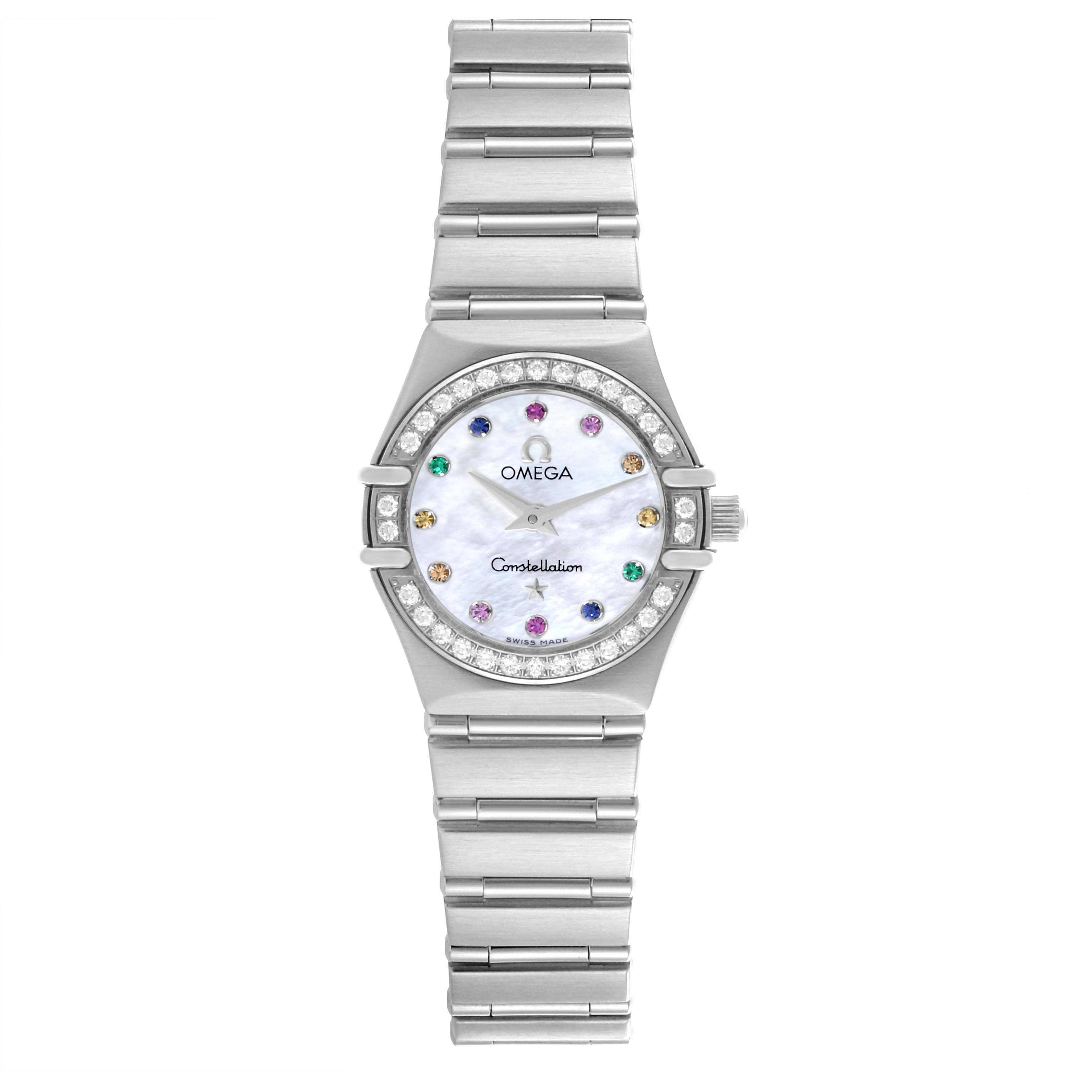 The Omega 1460.79.00 Women's Stainless Steel Mother of Pearl Dial 1460.79.00 Women's Stainless Steel Mother of Pearl Dial Constellation Iris watch is shown from a front view, highlighting its dial, bezel, and bracelet.
