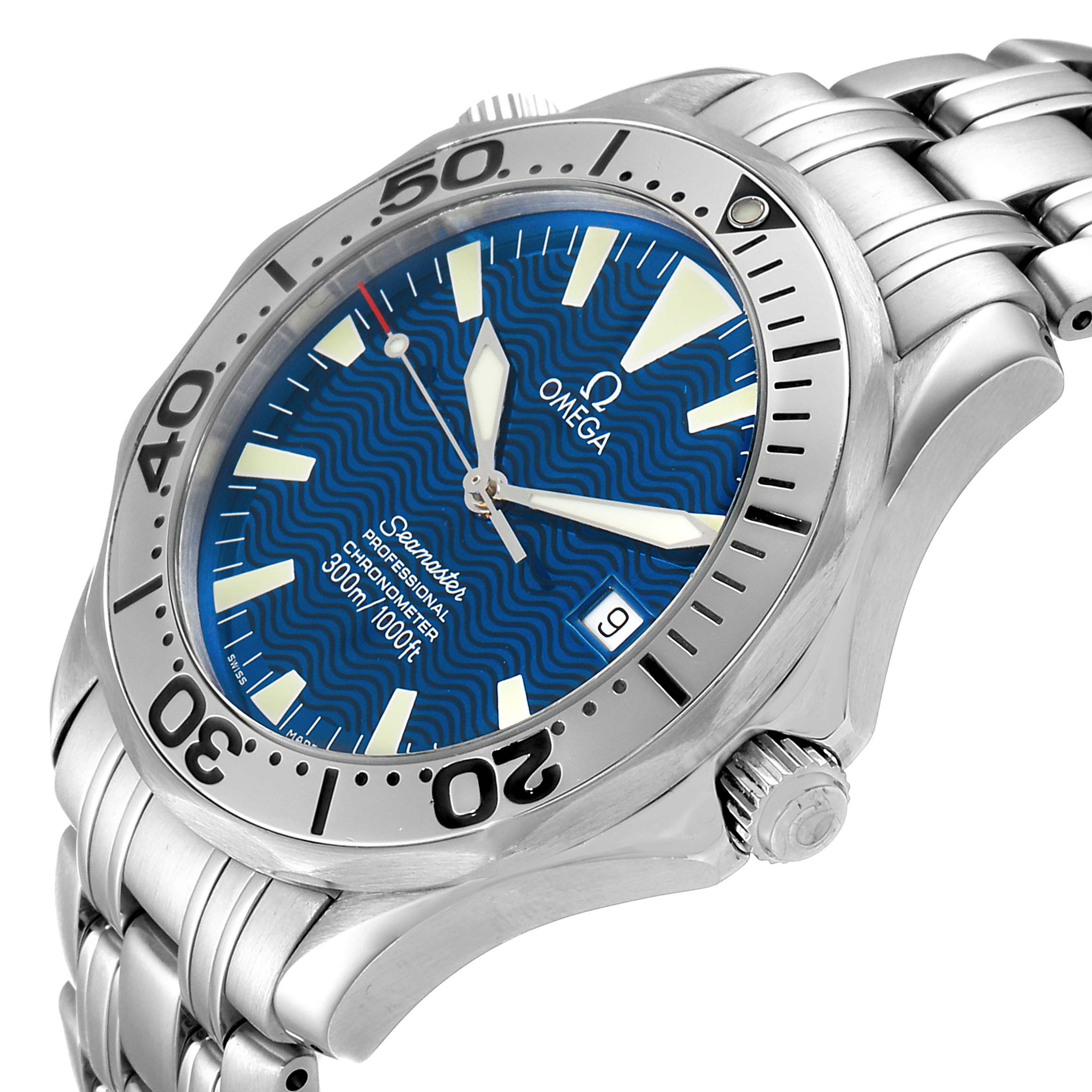 The image shows an angled view of the Omega Seamaster 2255.80.00 Men
s Stainless Steel Blue Dial 2255.80.00 Men
s Stainless Steel Blue Dial watch, displaying the face, bezel, crown, and part of the bracelet.