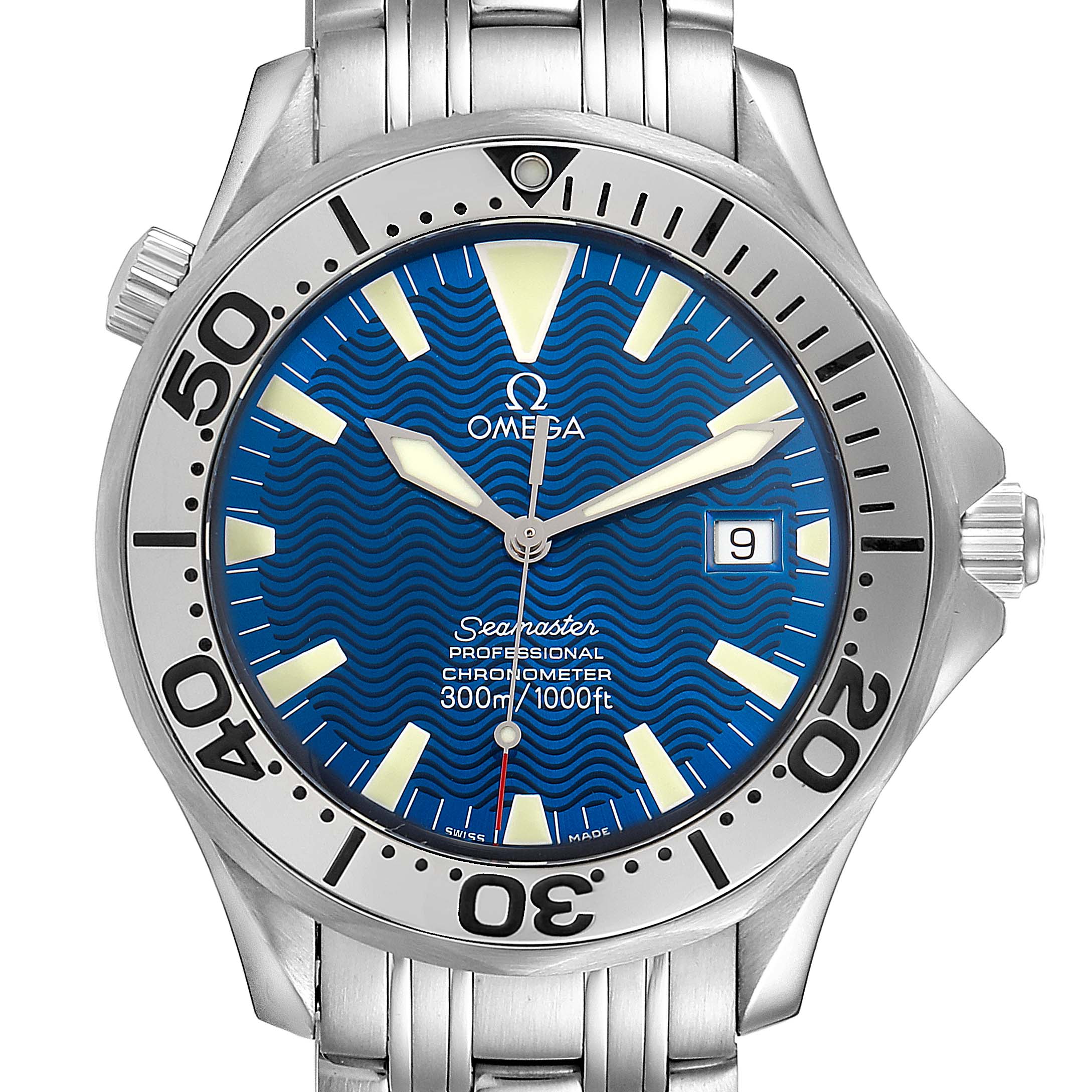 The image shows a front view of the Omega Seamaster 2255.80.00 Men
s Stainless Steel Blue Dial 2255.80.00 Men
s Stainless Steel Blue Dial watch, displaying the bezel, dial, hands, and part of the metal bracelet.