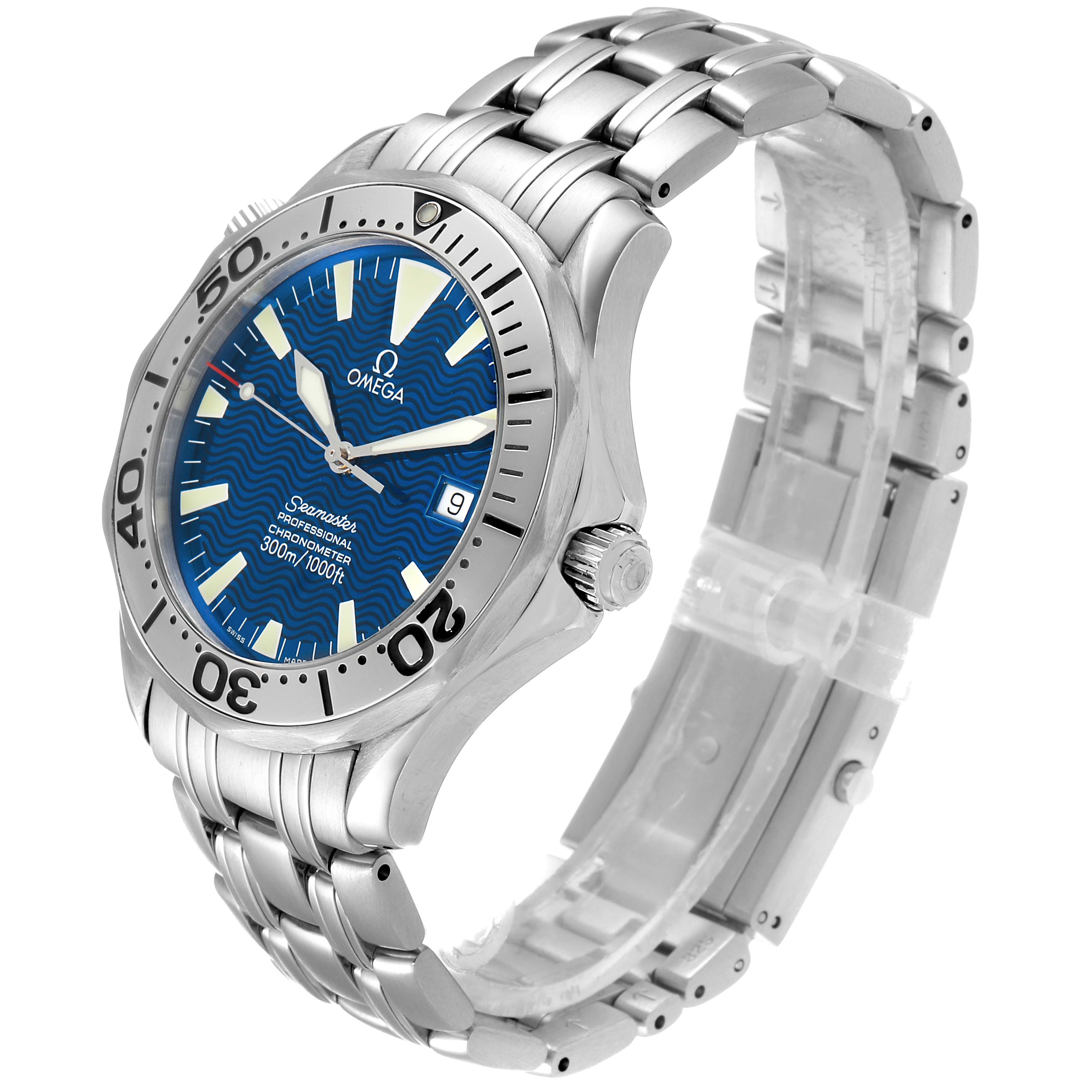 The image shows an angled side view of an Omega Seamaster 2255.80.00 Men
s Stainless Steel Blue Dial 2255.80.00 Men
s Stainless Steel Blue Dial watch, highlighting the blue dial, stainless steel case, and bracelet.