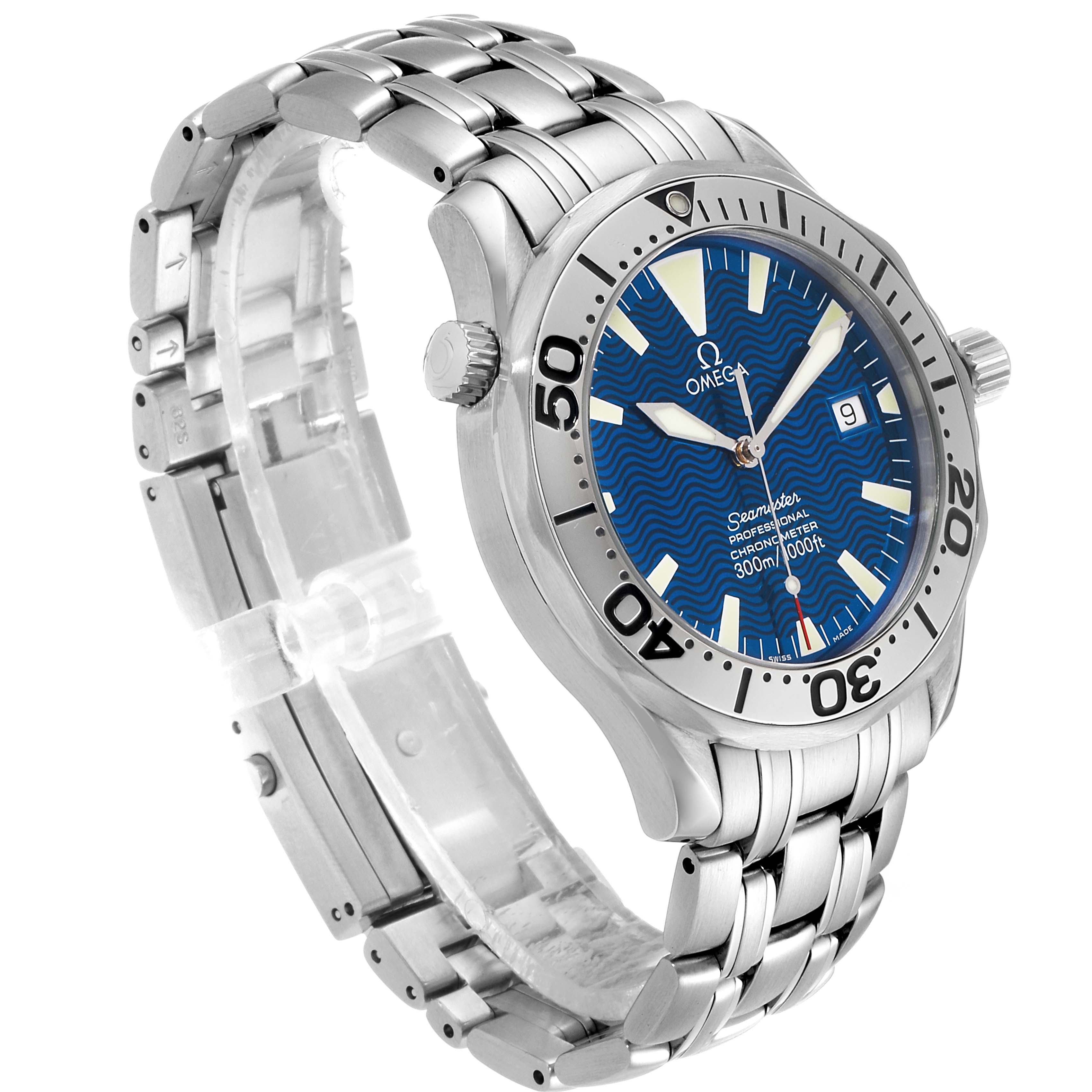 This image shows an Omega Seamaster 2255.80.00 Men
s Stainless Steel Blue Dial 2255.80.00 Men
s Stainless Steel Blue Dial watch at a slight side-angle, highlighting its metal bracelet, bezel, and blue dial.