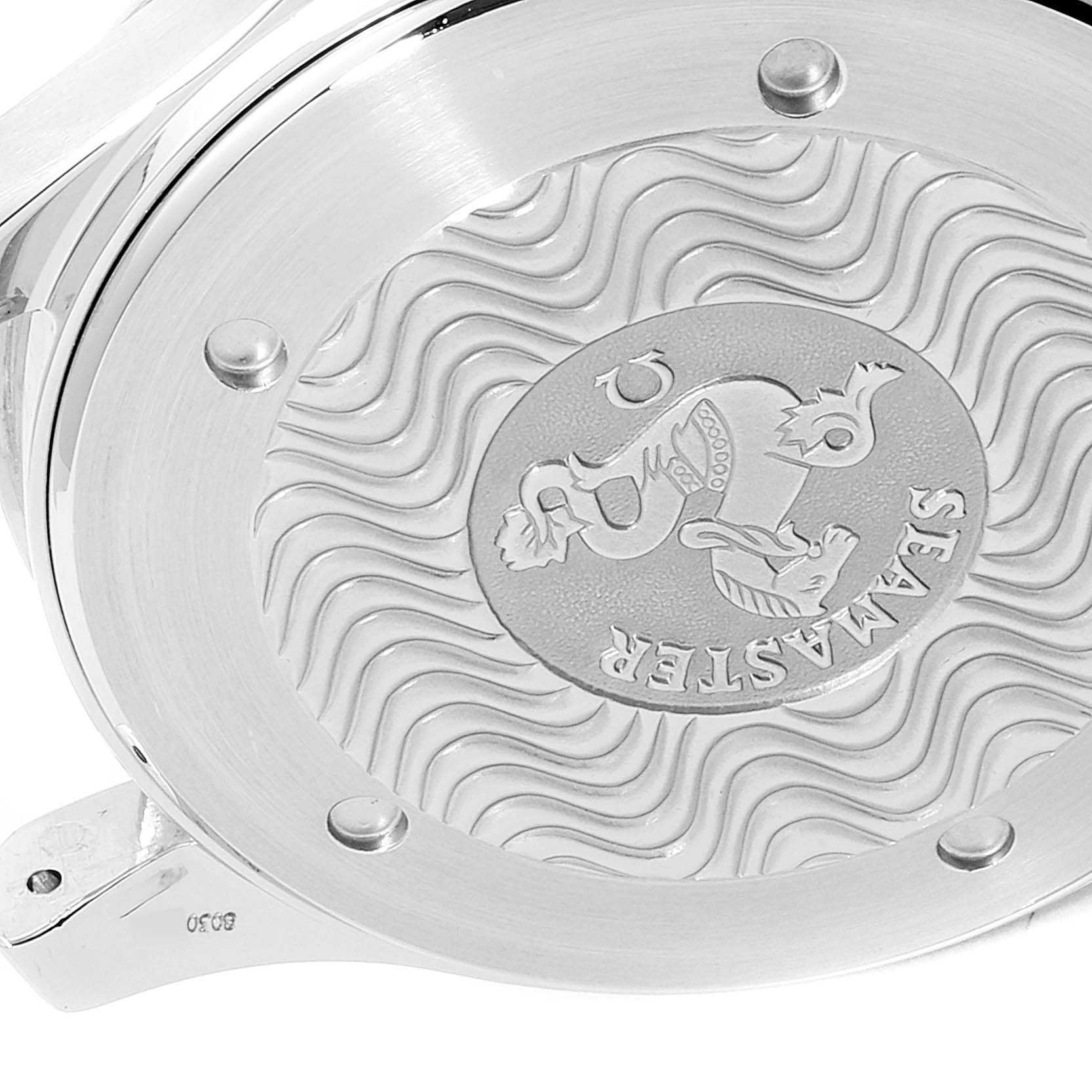 The image shows the back case of an Omega Seamaster 2255.80.00 Men
s Stainless Steel Blue Dial 2255.80.00 Men
s Stainless Steel Blue Dial watch with its engraved design and branding.