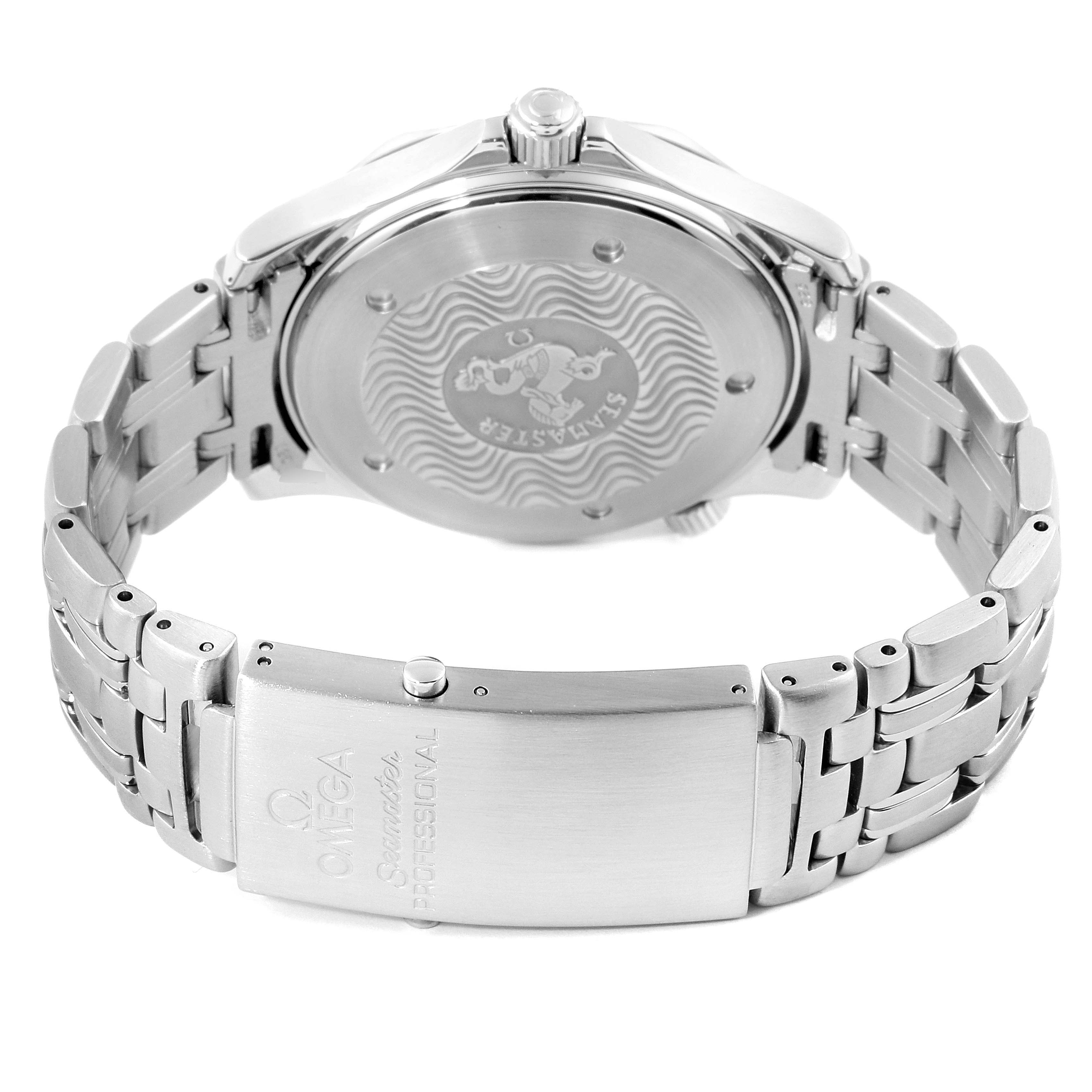 The image shows the back and clasp of an Omega Seamaster 2255.80.00 Men
s Stainless Steel Blue Dial 2255.80.00 Men
s Stainless Steel Blue Dial watch with the bracelet partially open.