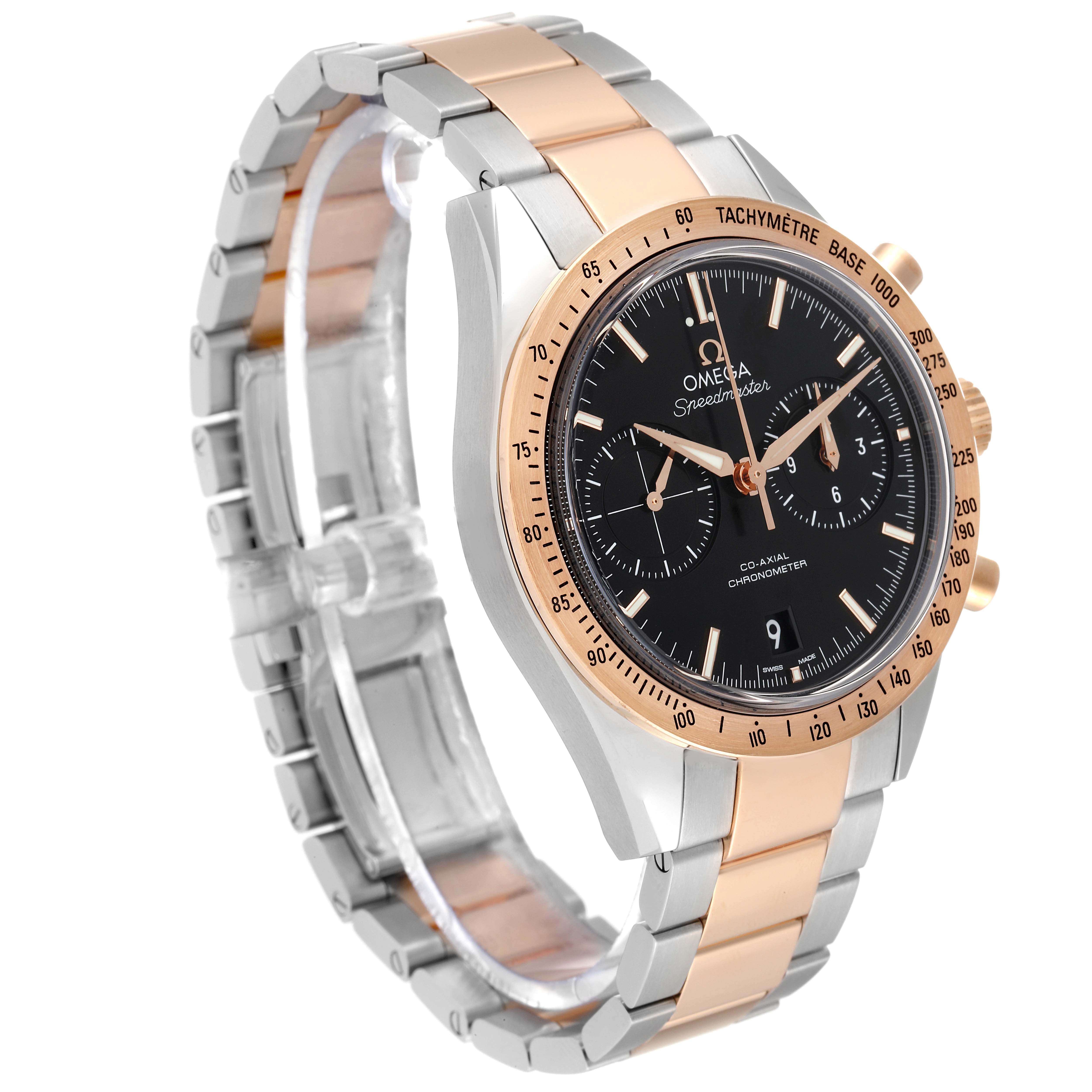 The Omega Speedmaster 331.20.42.51.01.002 Men's Steel and Gold (two tone) Black Dial 331.20.42.51.01.002 Men's Steel and Gold (two tone) Black Dial watch is shown at an angle displaying the face, bezel, and part of the two-tone bracelet.