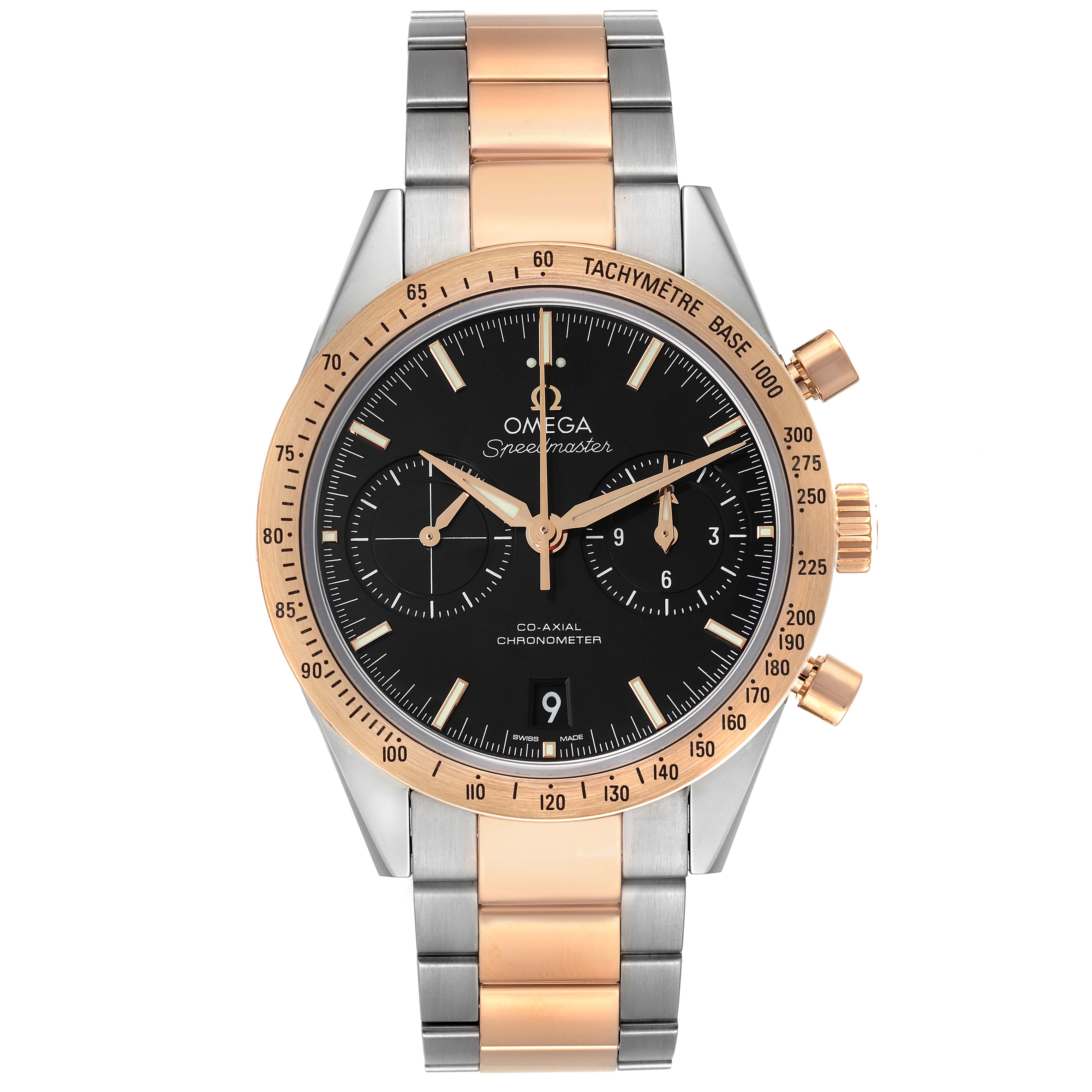 The Omega Speedmaster 331.20.42.51.01.002 Men's Steel and Gold (two tone) Black Dial 331.20.42.51.01.002 Men's Steel and Gold (two tone) Black Dial watch is shown from a front angle, highlighting its face, bezel, and two-tone metal band.