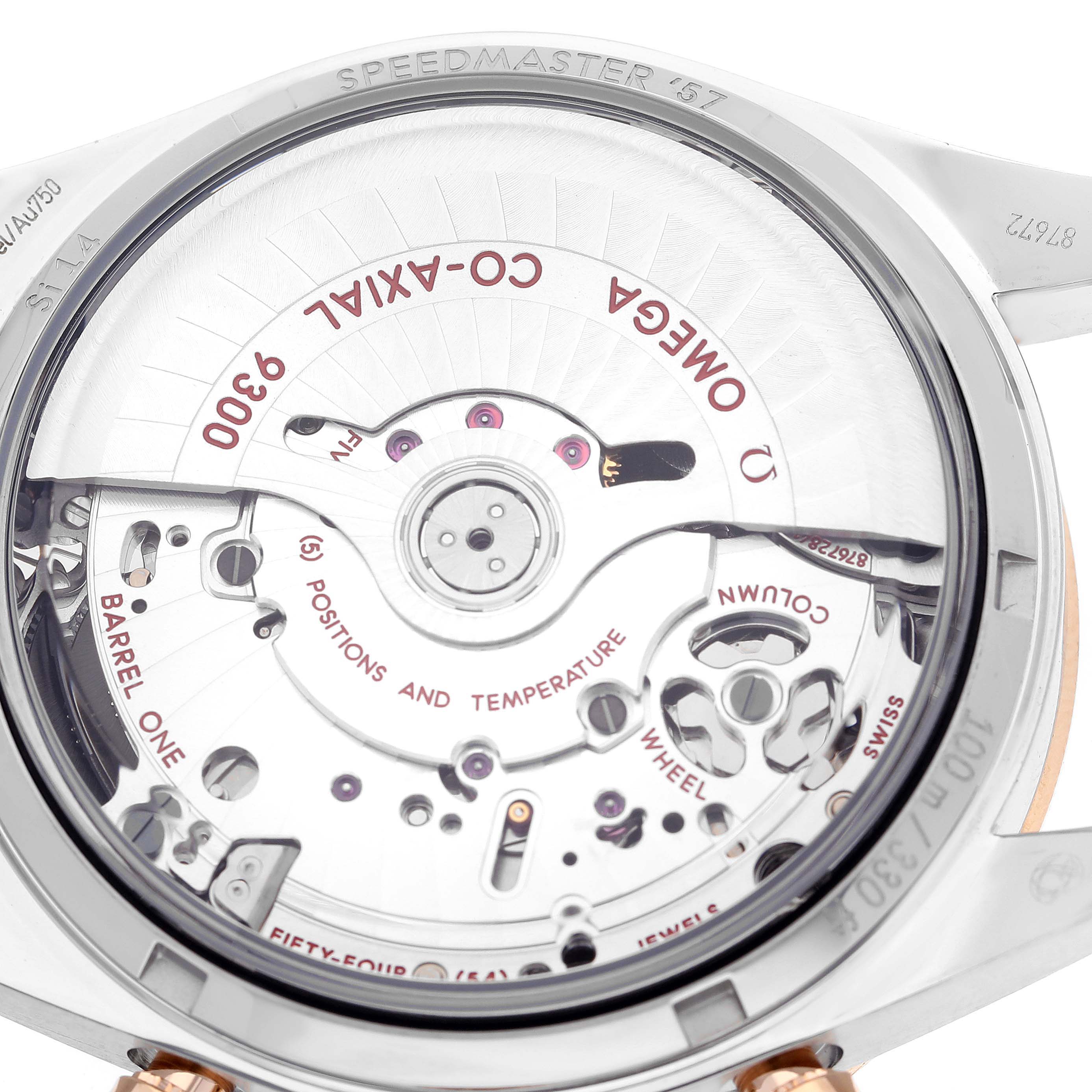 The image shows the back view of the Omega Speedmaster 331.20.42.51.01.002 Men's Steel and Gold (two tone) Black Dial 331.20.42.51.01.002 Men's Steel and Gold (two tone) Black Dial watch, displaying its Co-Axial 9300 movement.