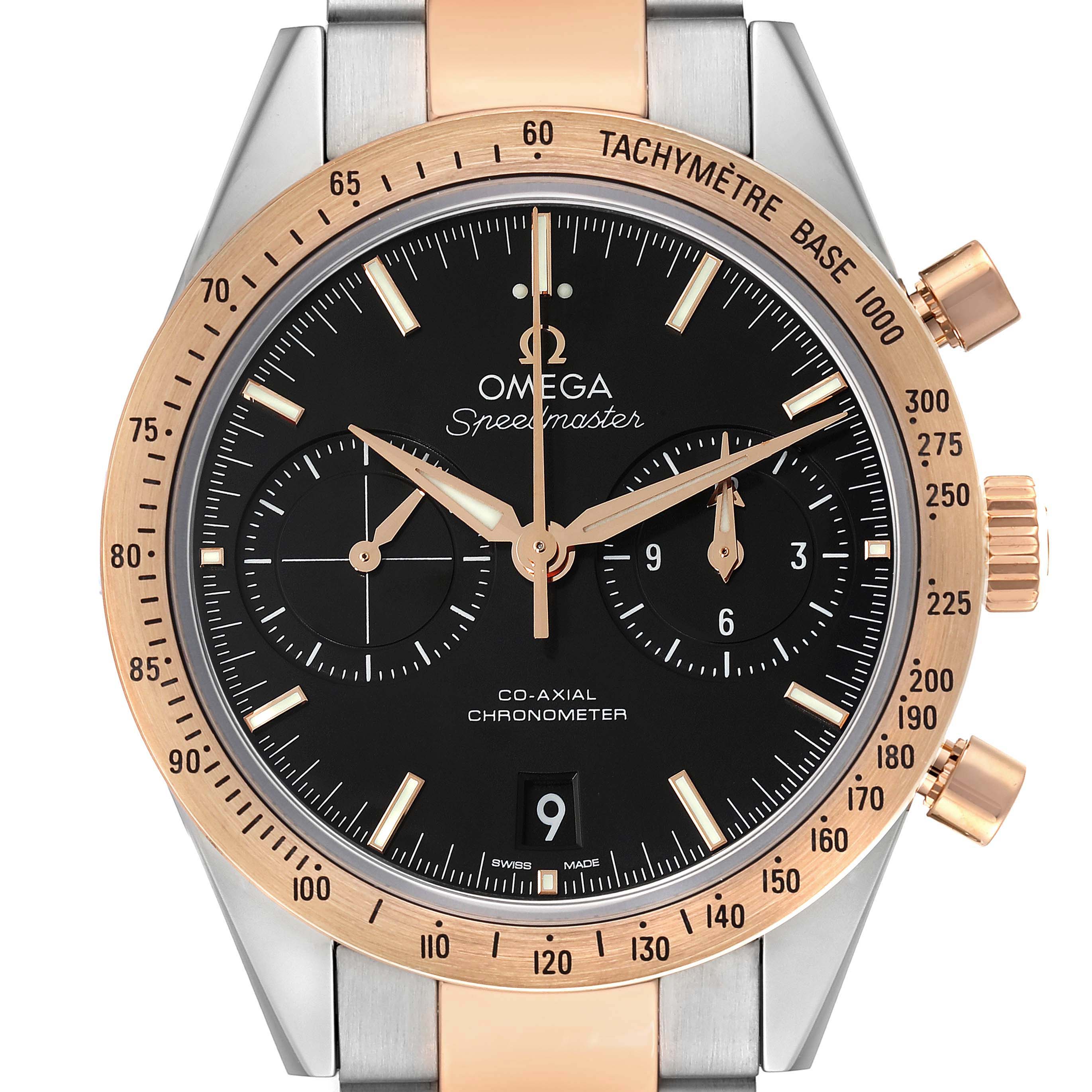 The image shows a front view of the Omega Speedmaster 331.20.42.51.01.002 Men's Steel and Gold (two tone) Black Dial 331.20.42.51.01.002 Men's Steel and Gold (two tone) Black Dial watch, displaying its black dial, tachymeter bezel, and chronograph sub-dials.