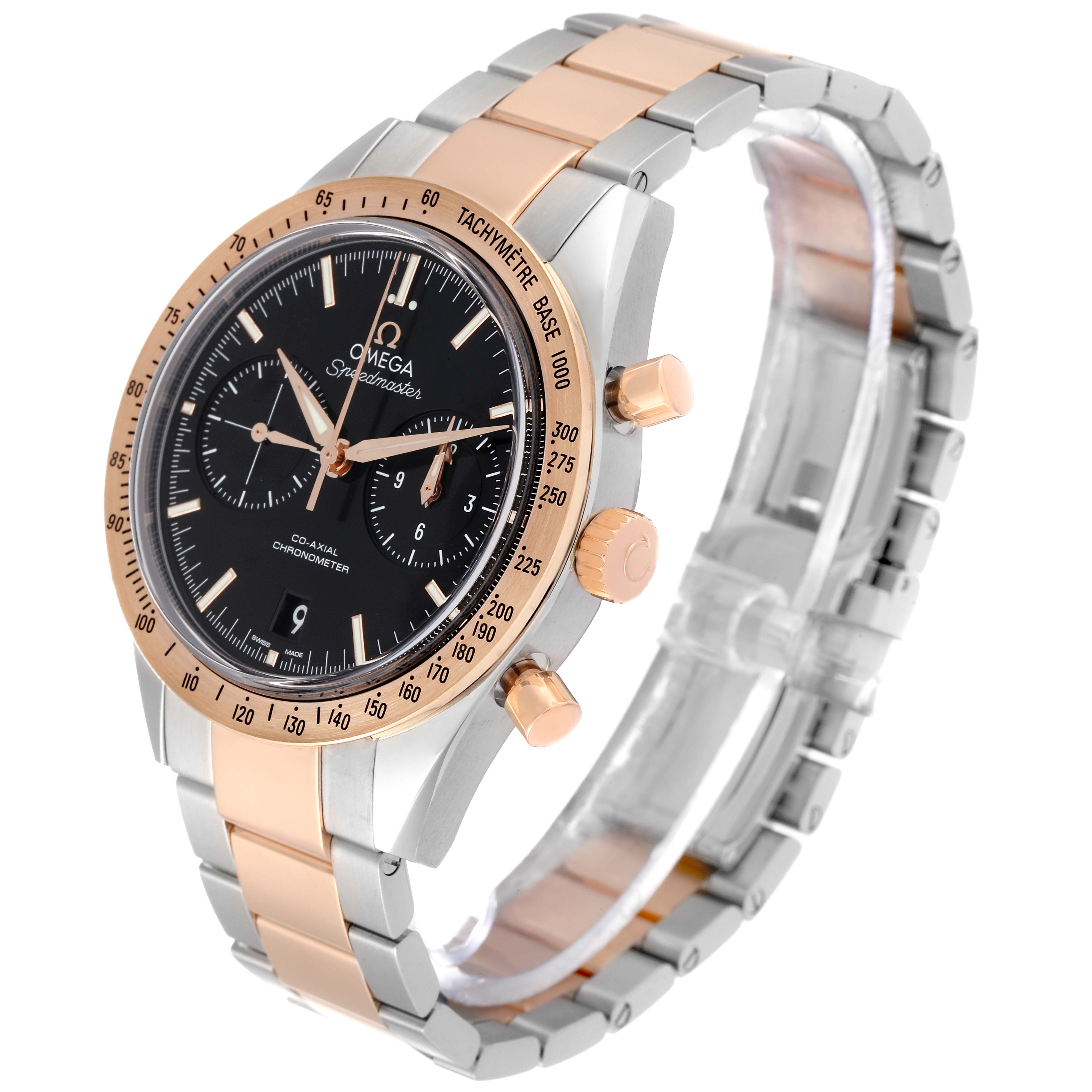 The Omega Speedmaster 331.20.42.51.01.002 Men's Steel and Gold (two tone) Black Dial 331.20.42.51.01.002 Men's Steel and Gold (two tone) Black Dial watch is shown at a three-quarter angle, highlighting its face, bezel, and metal strap.