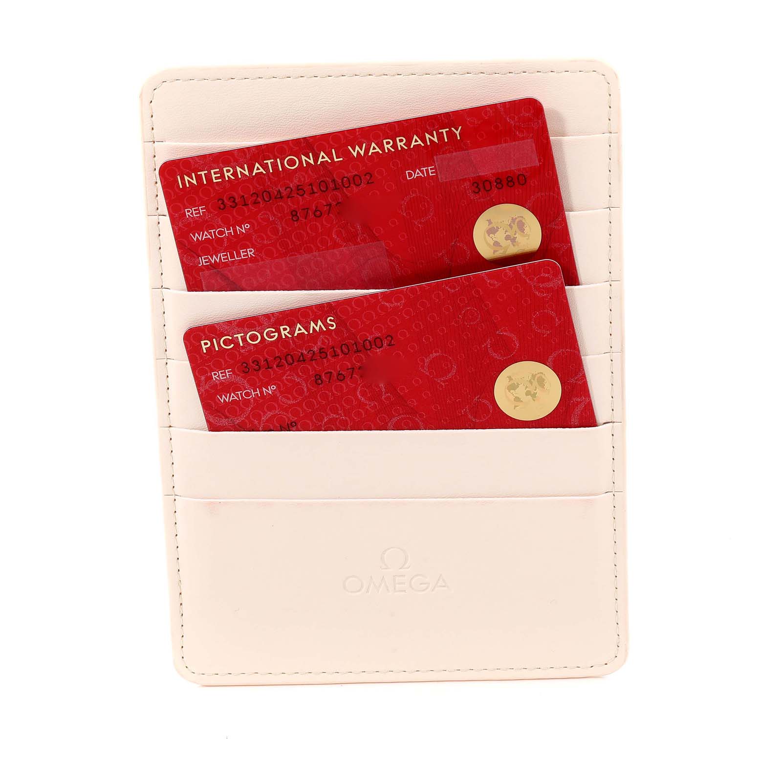 The image shows the International Warranty and Pictograms cards for the Omega Speedmaster 331.20.42.51.01.002 Men's Steel and Gold (two tone) Black Dial 331.20.42.51.01.002 Men's Steel and Gold (two tone) Black Dial in a white cardholder.