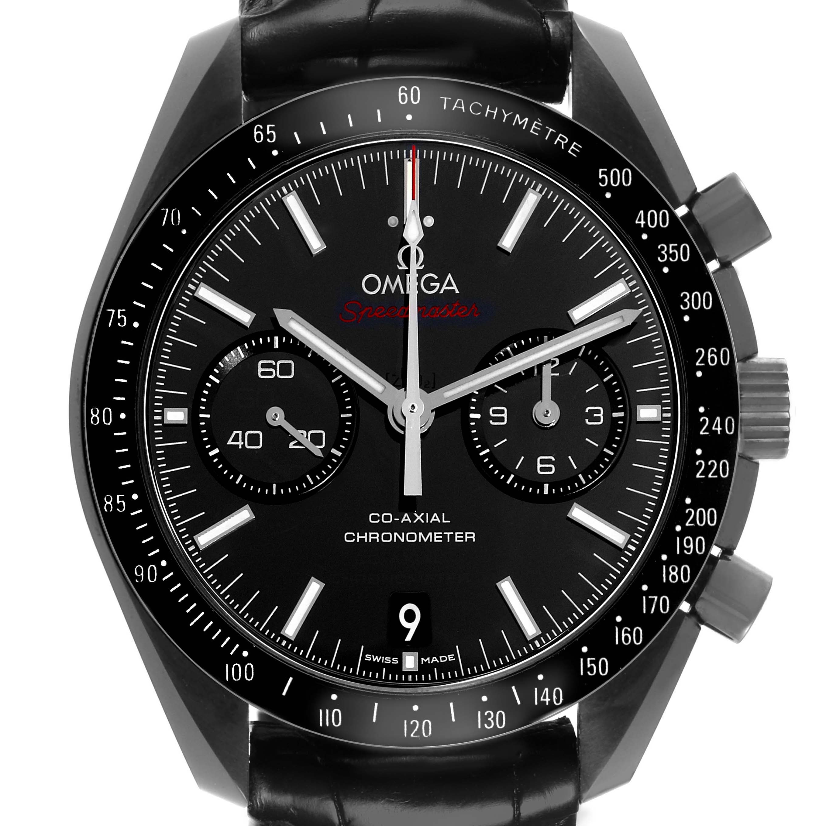 The Omega Speedmaster 311.92.44.51.01.003 Men's Ceramic Black Dial watch is shown from the front, displaying its face, hands, subdials, tachymeter, and crown.