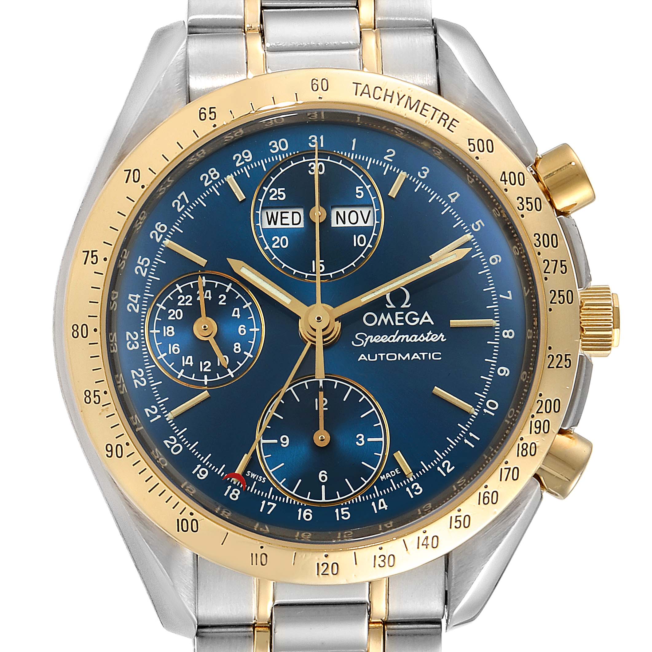 The image shows a frontal view of an Omega Speedmaster 3321.80.00 Men's Steel and Gold (two tone) Blue Dial 3321.80.00 Men's Steel and Gold (two tone) Blue Dial watch, highlighting its blue dial, gold bezel, and stainless steel bracelet.
