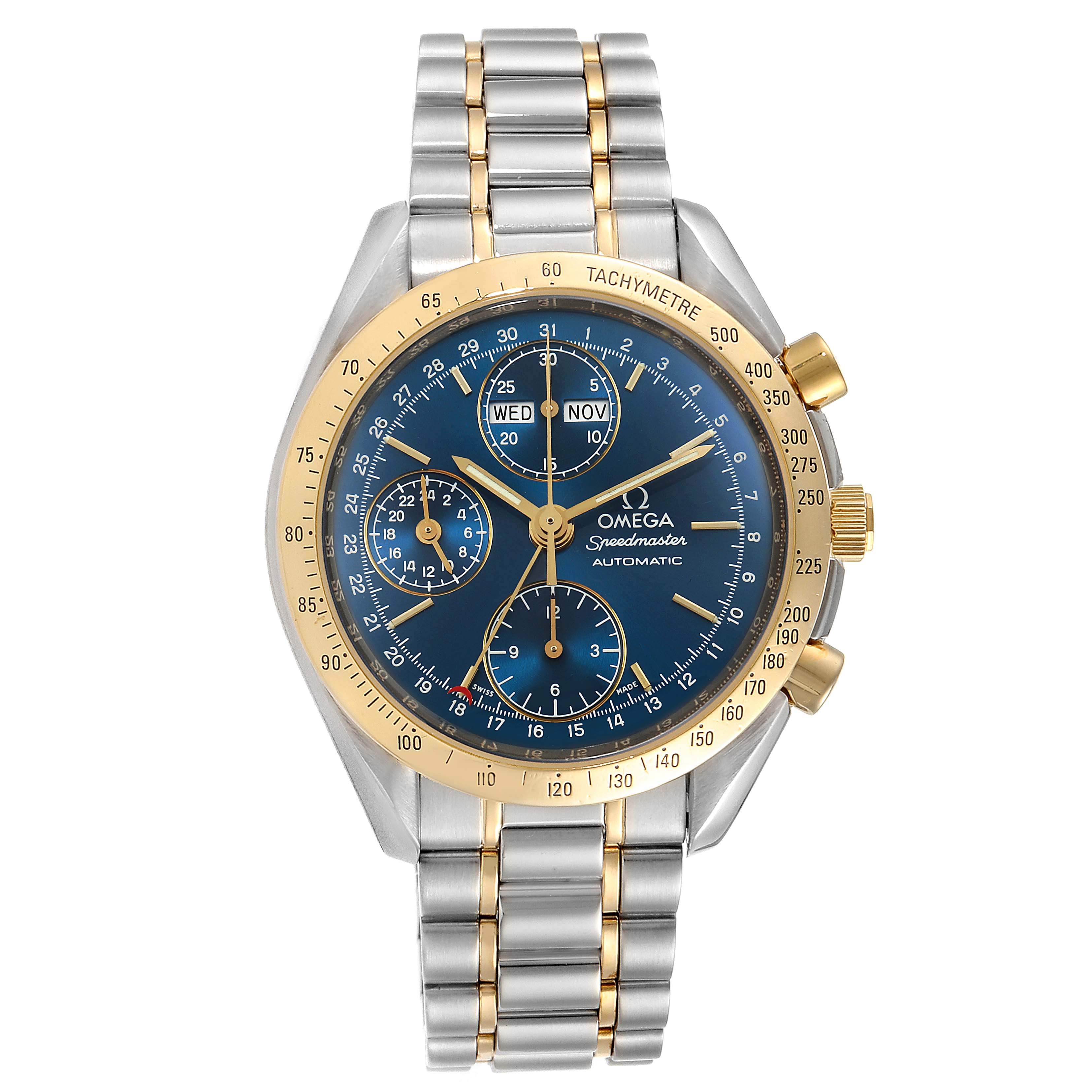 The Omega Speedmaster 3321.80.00 Men's Steel and Gold (two tone) Blue Dial 3321.80.00 Men's Steel and Gold (two tone) Blue Dial watch is shown from the front, displaying the dial, bezel, and part of the bracelet.