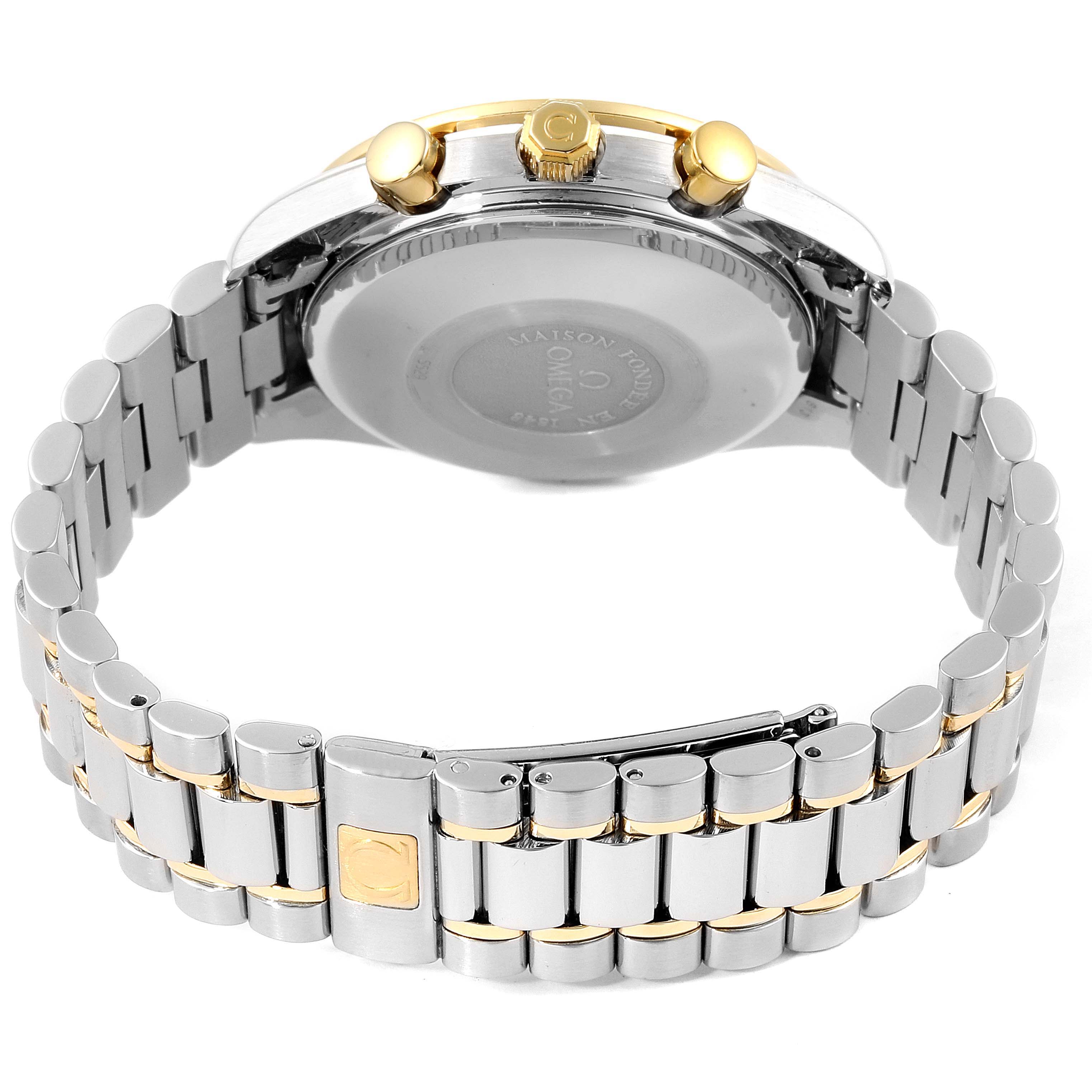 The image shows the back of an Omega Speedmaster 3321.80.00 Men's Steel and Gold (two tone) Blue Dial 3321.80.00 Men's Steel and Gold (two tone) Blue Dial watch, highlighting its stainless steel and gold bracelet, case back, and crown.