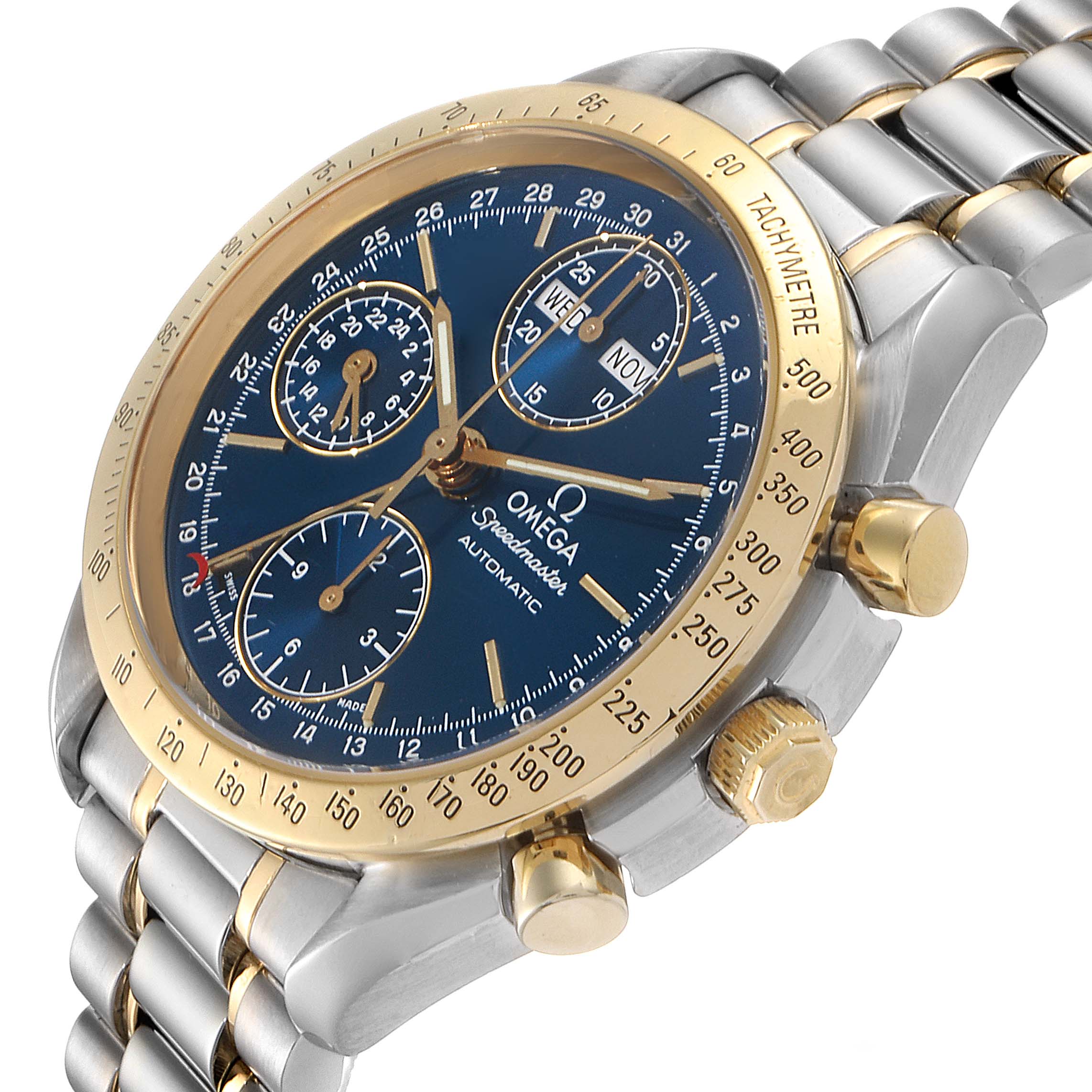 The image shows an angled close-up of an Omega Speedmaster 3321.80.00 Men's Steel and Gold (two tone) Blue Dial 3321.80.00 Men's Steel and Gold (two tone) Blue Dial watch, highlighting its face, bezel, and part of the bracelet.