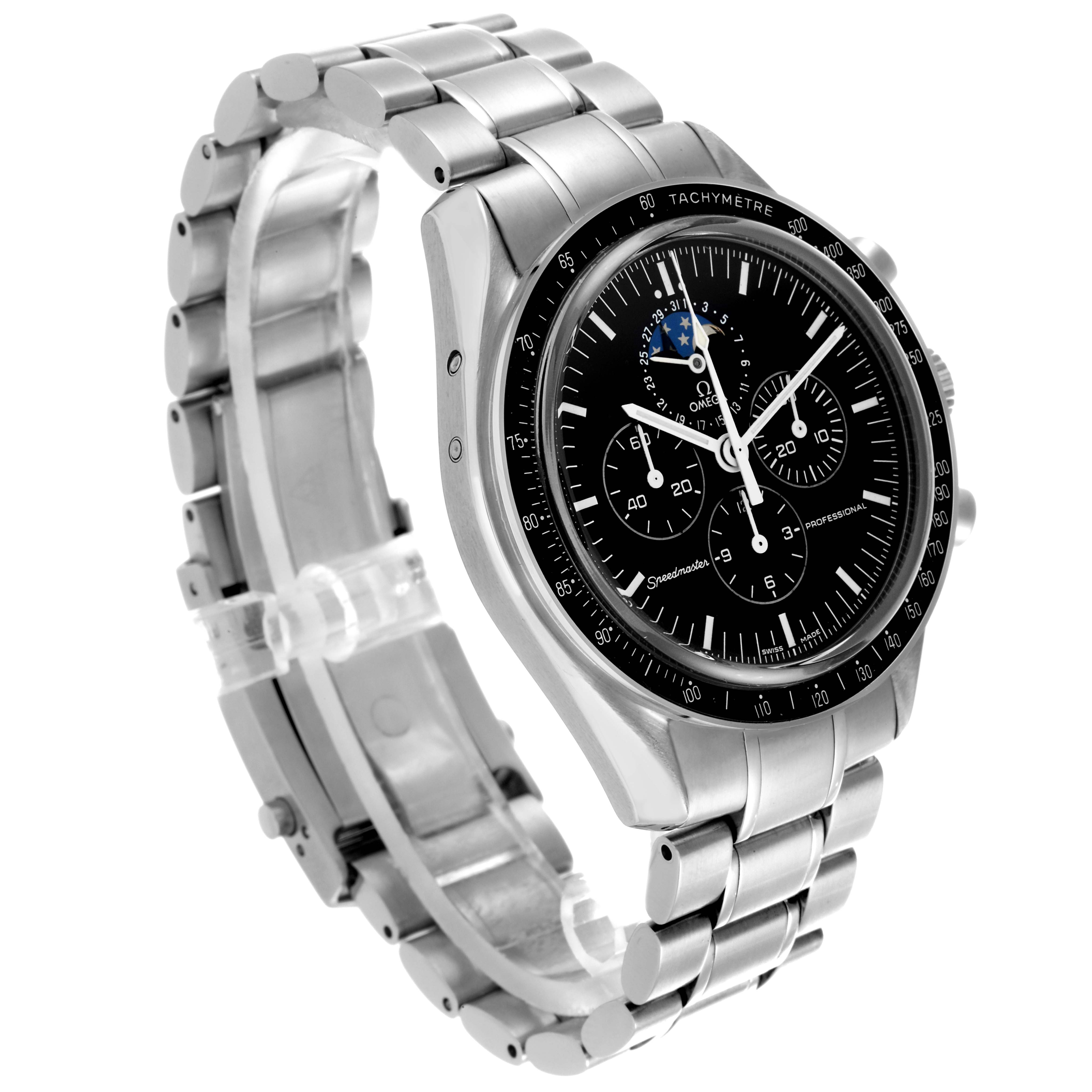 The Omega Speedmaster 3576.50.00 Men
s Stainless Steel Black Dial 3576.50.00 Men
s Stainless Steel Black Dial watch is shown at a three-quarter angle, highlighting the case, bracelet, and dial details.