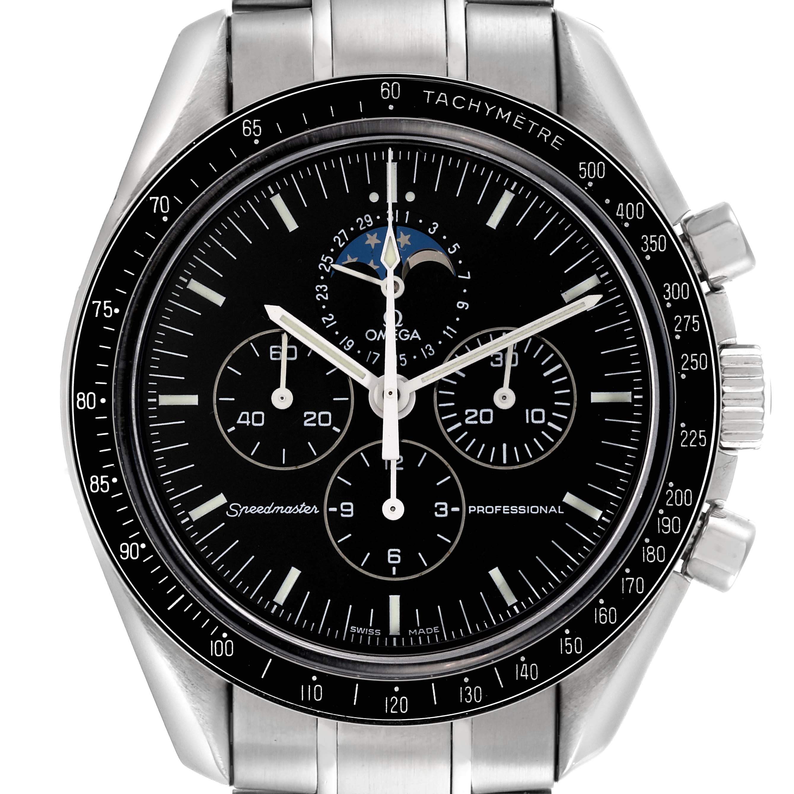 The Omega Speedmaster 3576.50.00 Men
s Stainless Steel Black Dial 3576.50.00 Men
s Stainless Steel Black Dial watch is shown from the front, highlighting the dial, chronograph subdials, and tachymeter bezel.