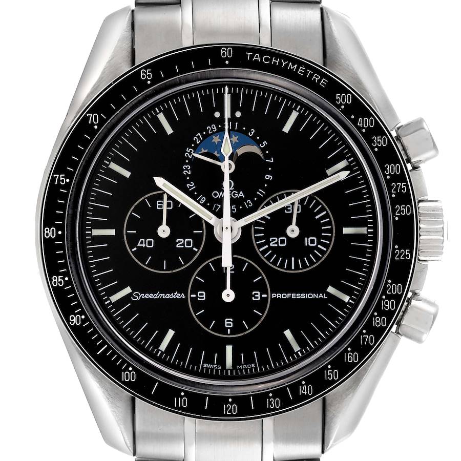 The Omega Speedmaster watch is shown from the front, highlighting the dial, chronograph subdials, and tachymeter bezel.