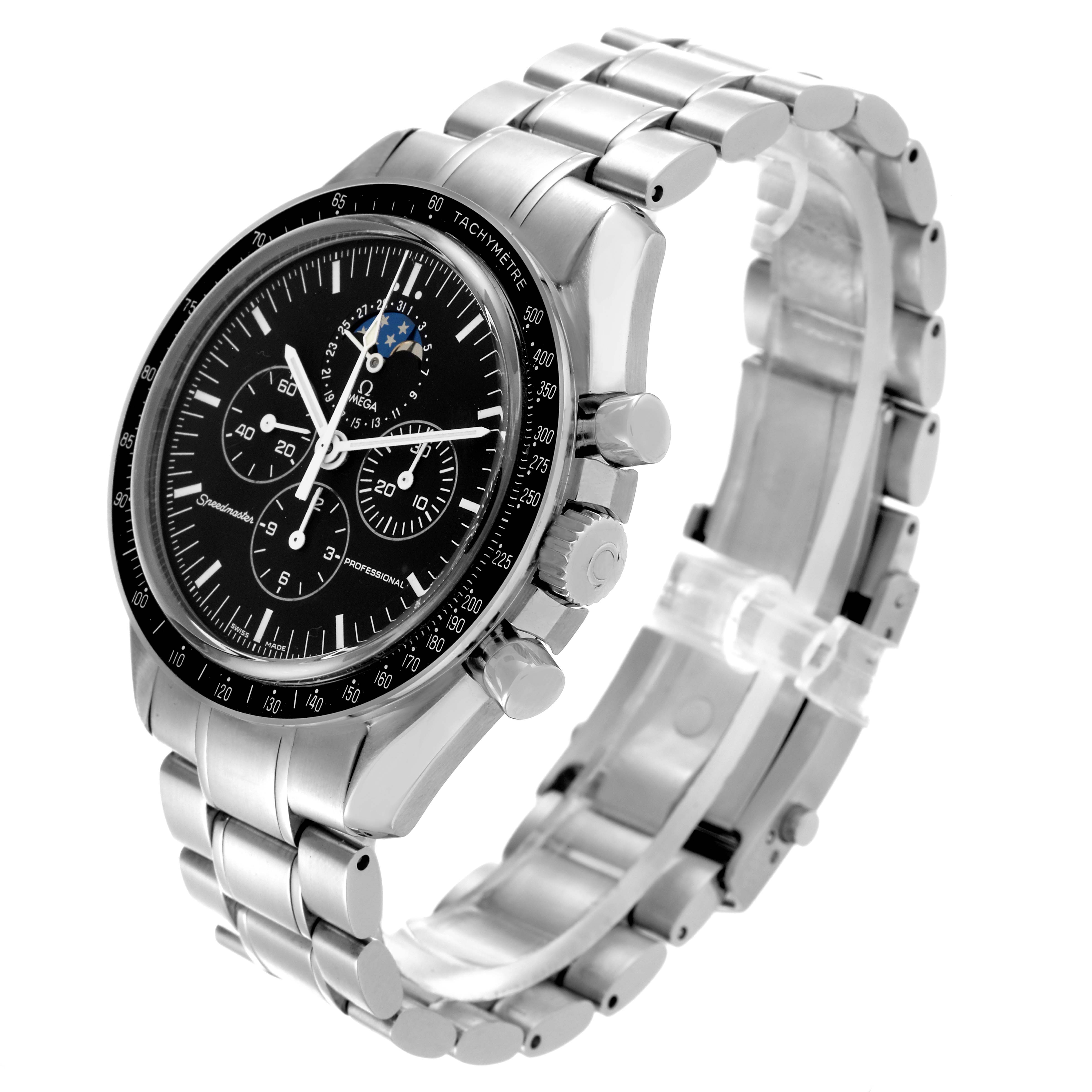 The Omega Speedmaster 3576.50.00 Men
s Stainless Steel Black Dial 3576.50.00 Men
s Stainless Steel Black Dial is shown at a three-quarter angle, highlighting the dial, tachymeter bezel, and stainless steel bracelet.