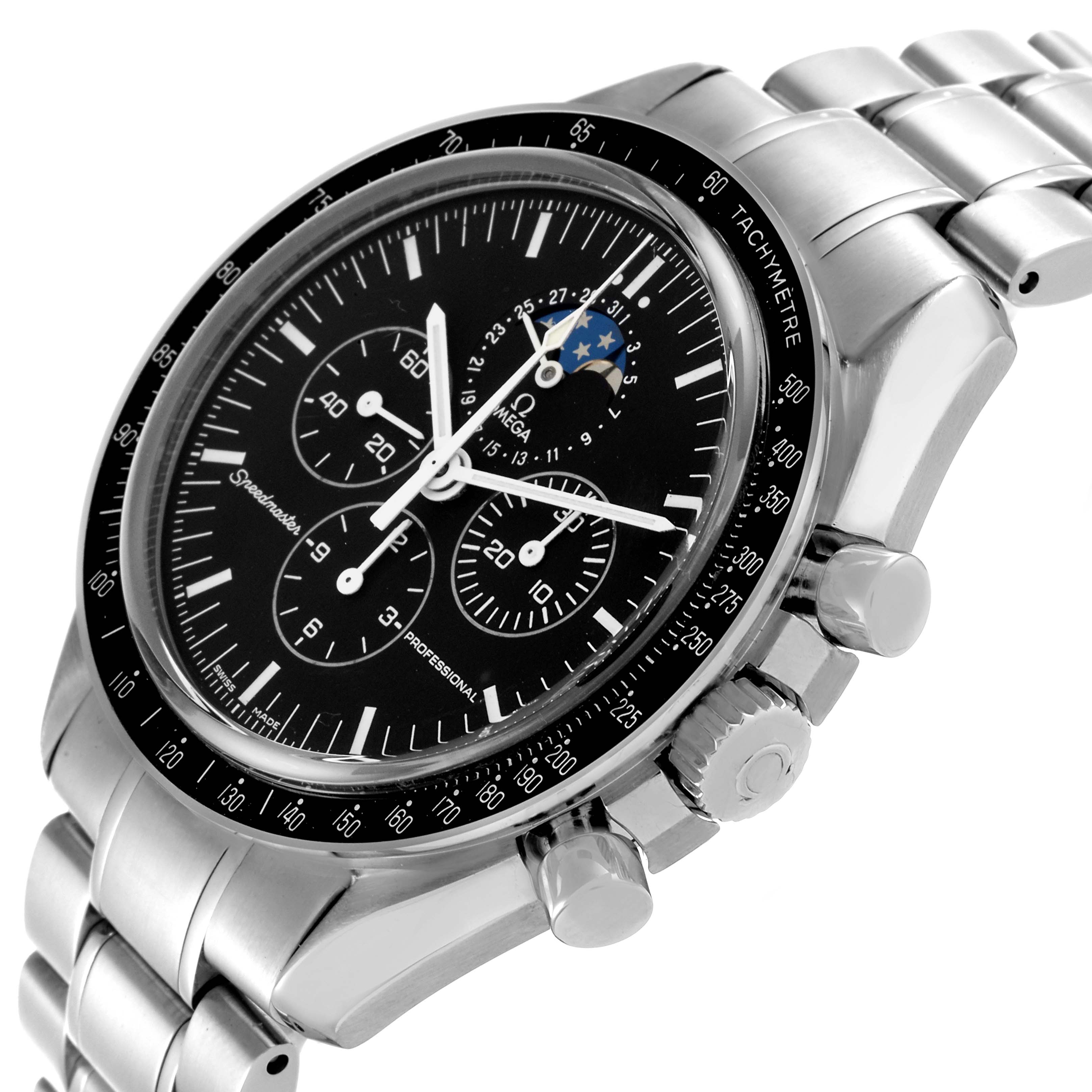 The Omega Speedmaster 3576.50.00 Men
s Stainless Steel Black Dial 3576.50.00 Men
s Stainless Steel Black Dial is shown at an angle highlighting the dial, subdials, tachymeter bezel, and bracelet.