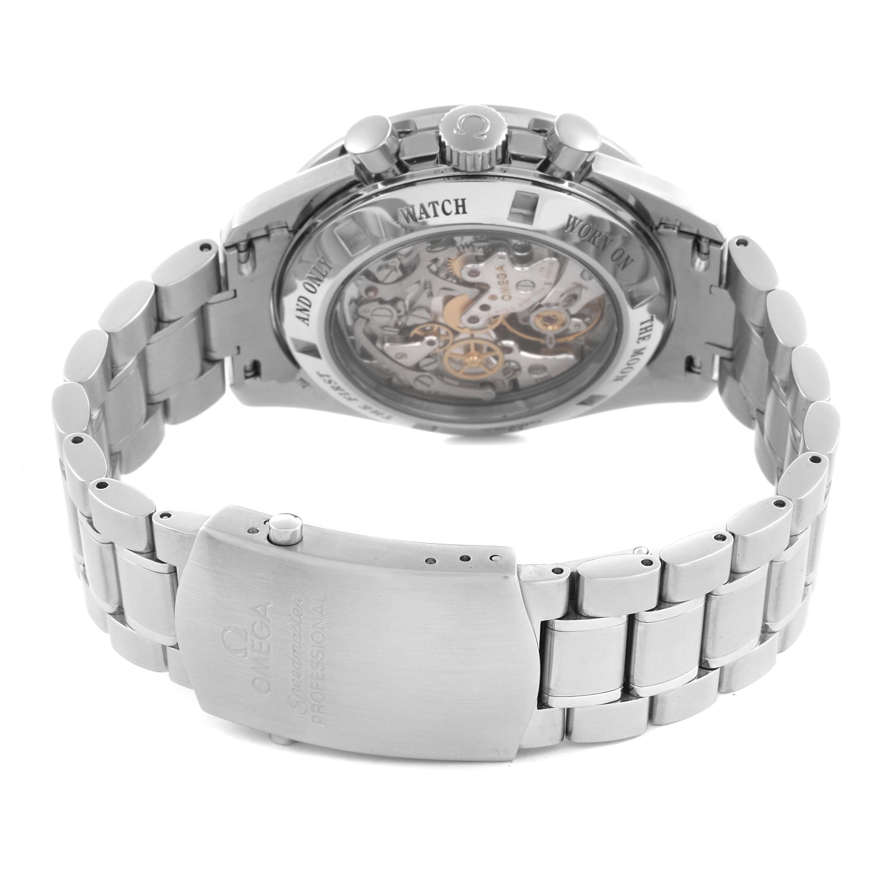 The Omega Speedmaster 3576.50.00 Men
s Stainless Steel Black Dial 3576.50.00 Men
s Stainless Steel Black Dial watch is shown from the back, displaying the movement and engraved stainless steel bracelet.