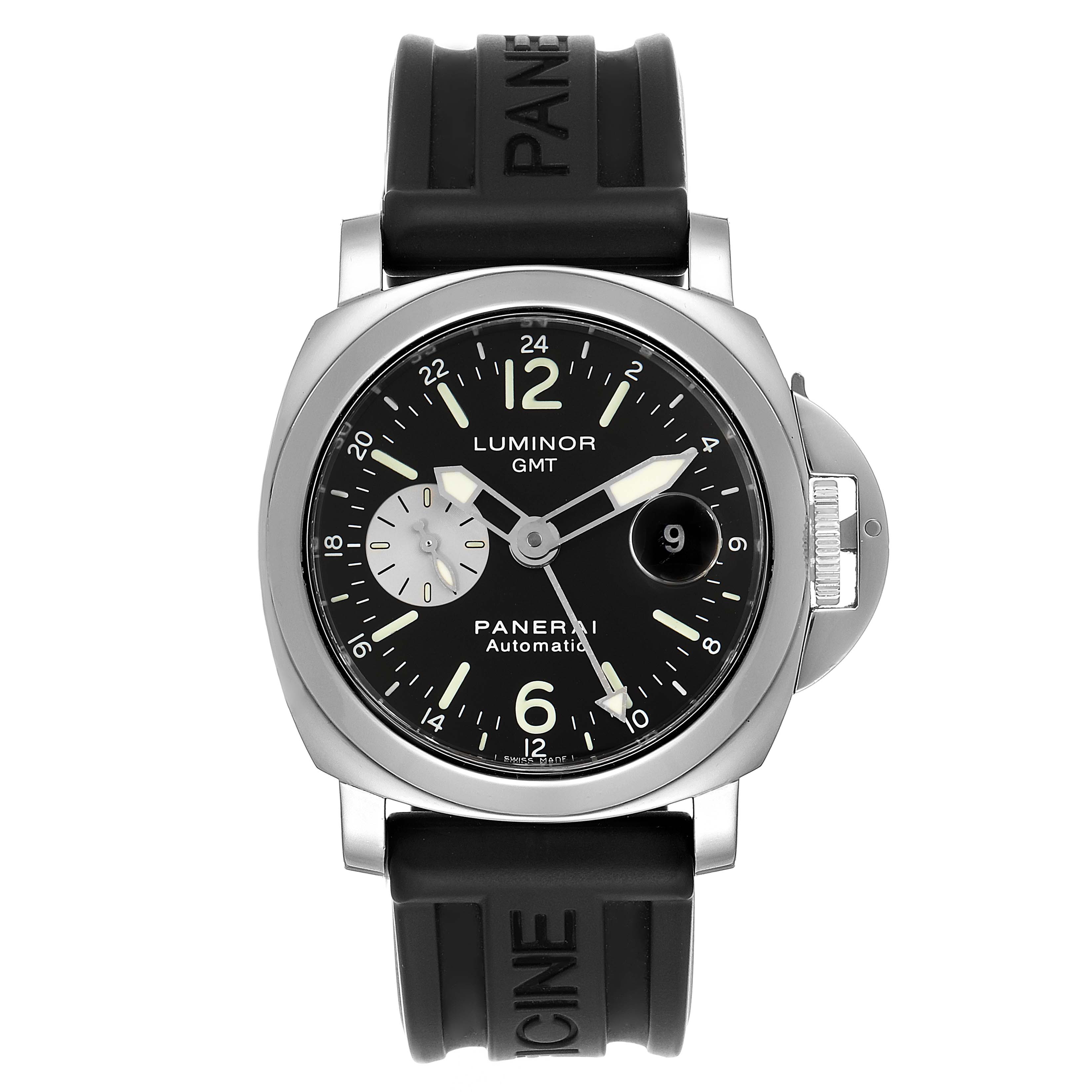 This image shows a front view of a Panerai Luminor PAM00088 Men
s Stainless Steel Black Dial PAM00088 Men
s Stainless Steel Black Dial watch, featuring the dial, bezel, case, and part of the black strap.