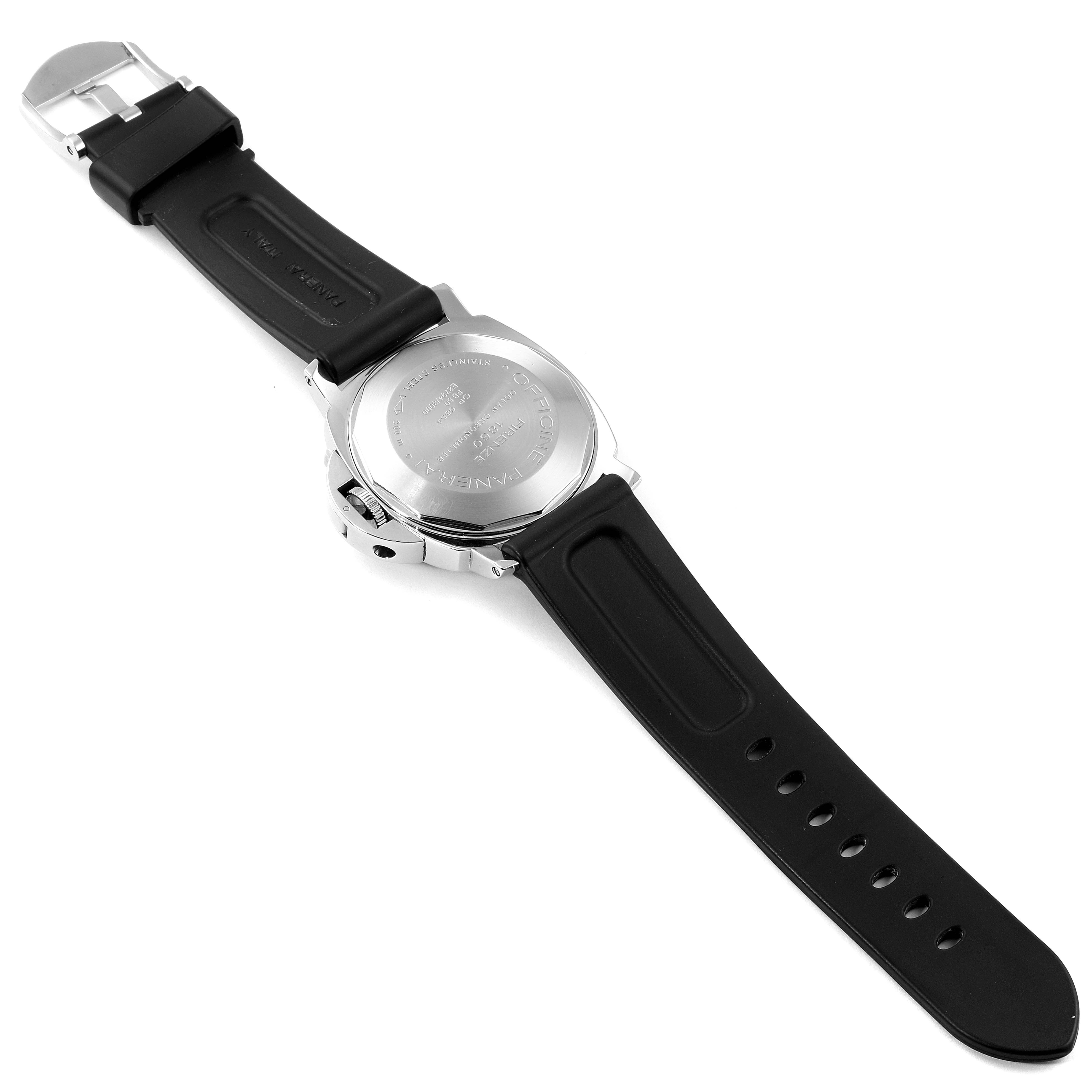 The image shows the back view of a Panerai Luminor PAM00088 Men
s Stainless Steel Black Dial PAM00088 Men
s Stainless Steel Black Dial watch, highlighting the case back and black rubber strap.