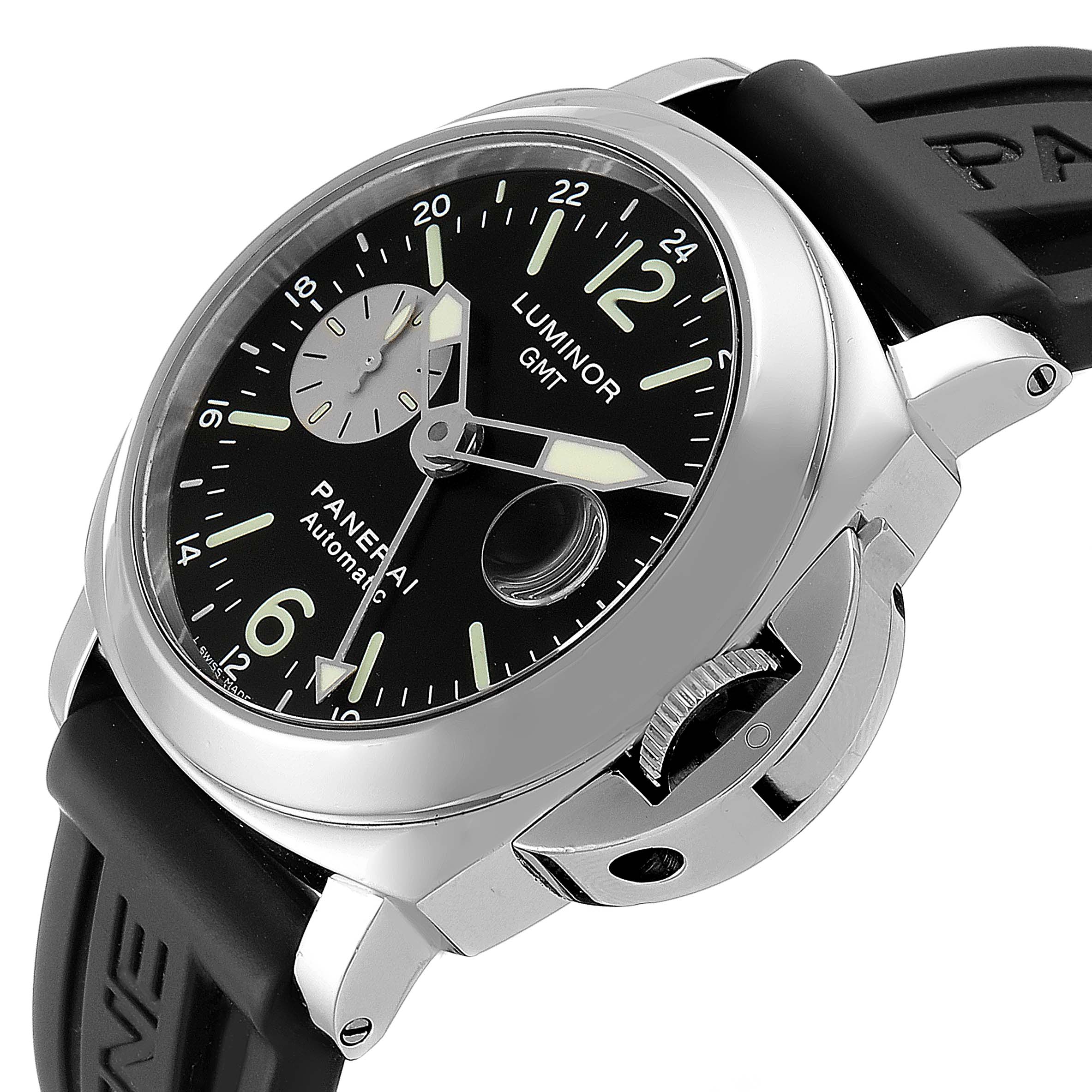 The image shows a Panerai Luminor PAM00088 Men
s Stainless Steel Black Dial PAM00088 Men
s Stainless Steel Black Dial watch at a slight angle, highlighting the face, crown guard, and rubber strap.